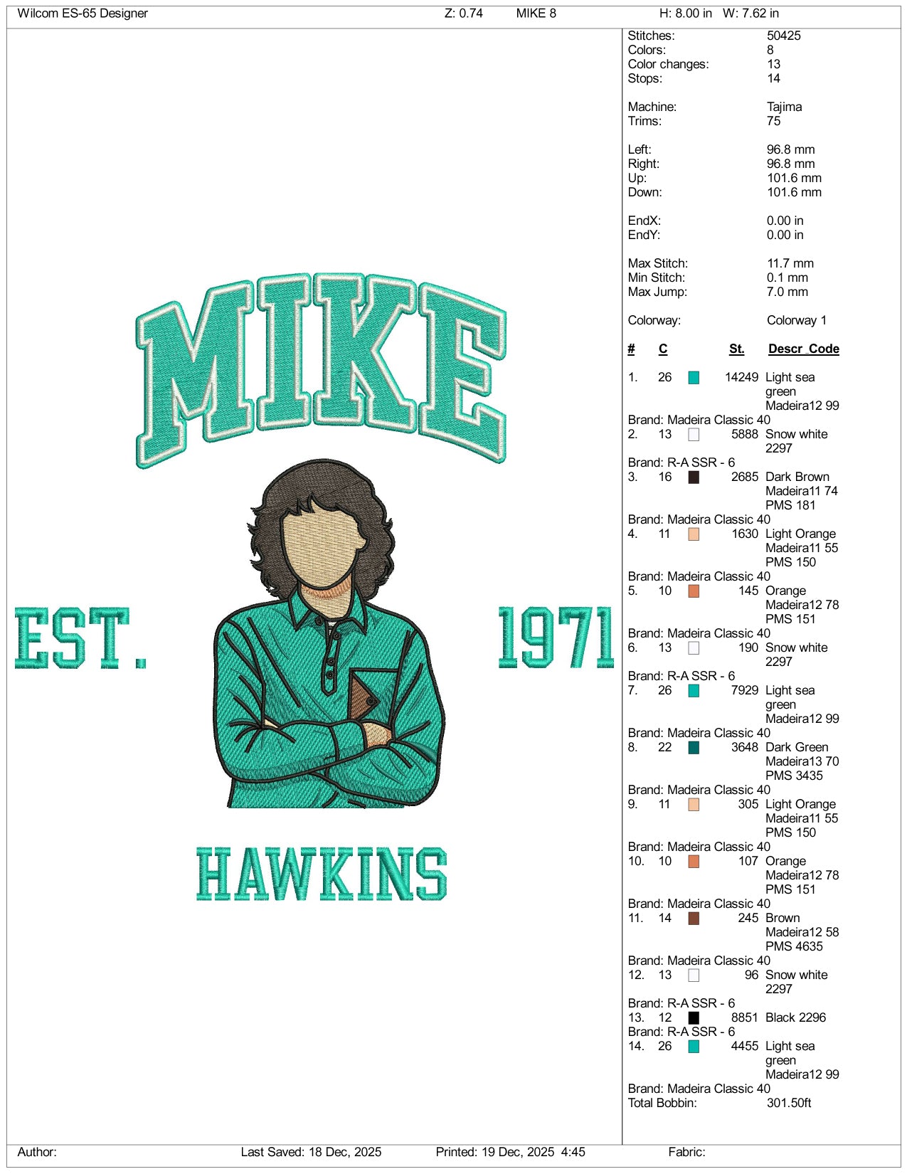 Mike Est 1971 Hawkins Embroidery Design Files - 3 Size's