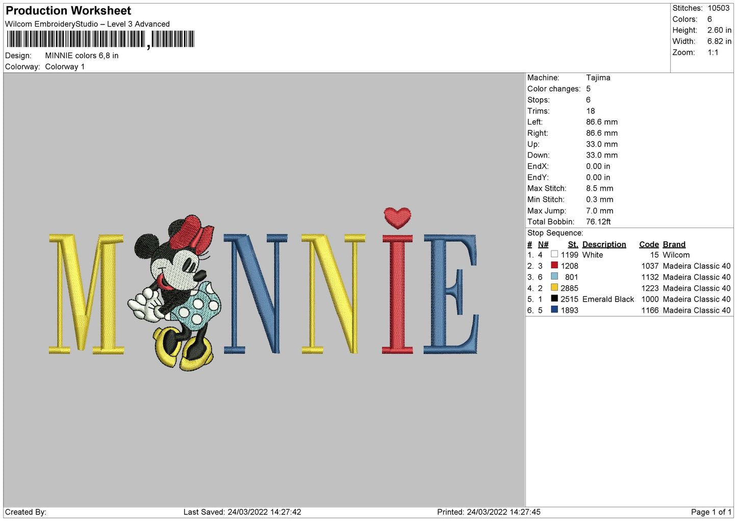 Minnie Mouse v4 Embroidery Design Files - 4 Size's