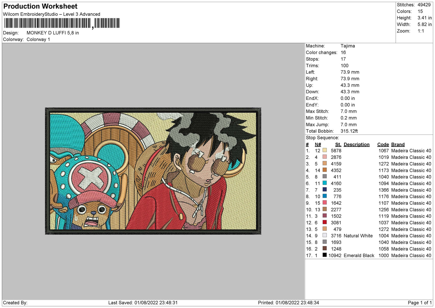 Monkey D Luffy v18 Embroidery Design Files - 4 Size's