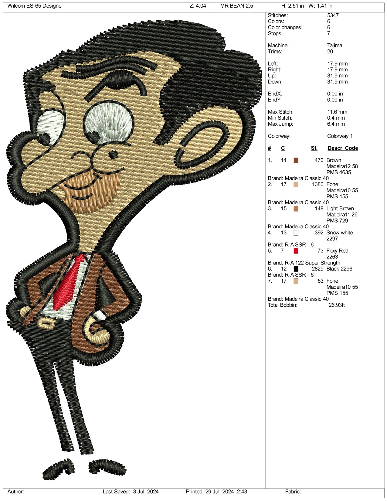 Junior Mr Bean Embroidery Design Files - 3 Size's