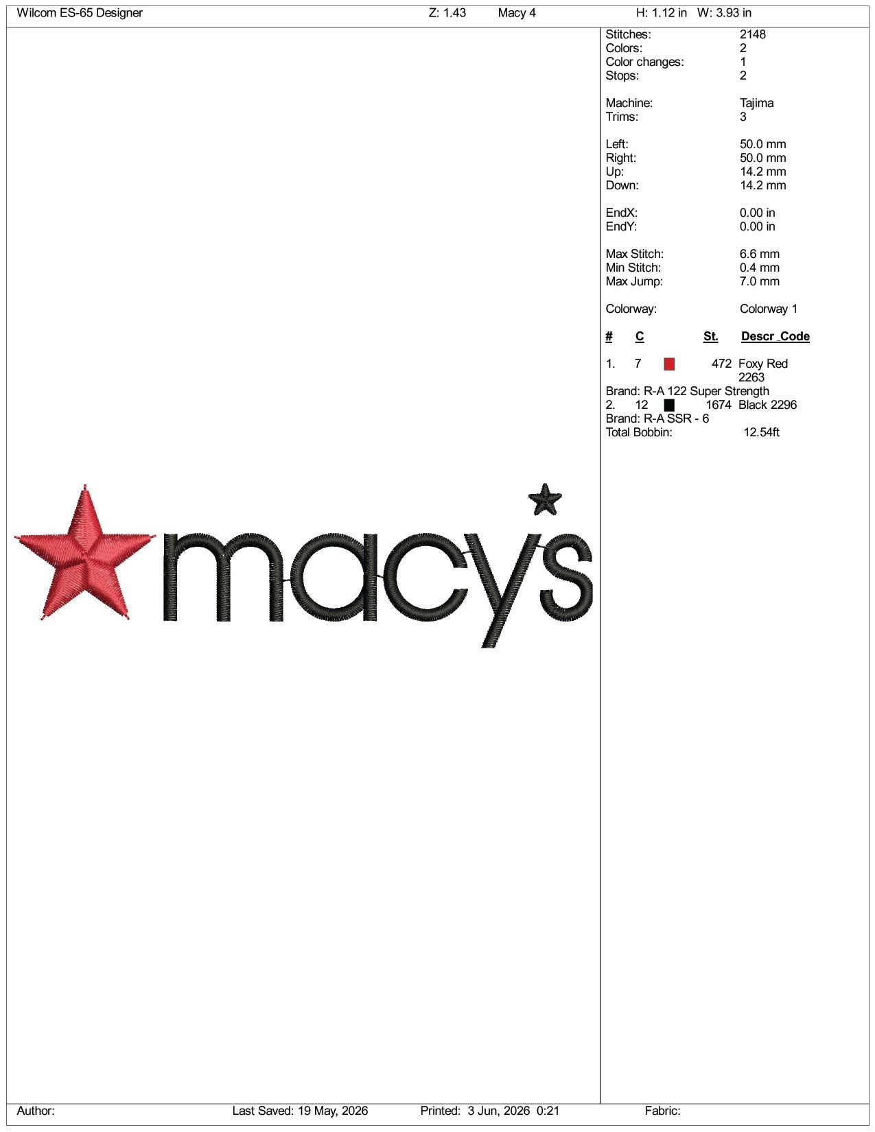 Macys Logo Embroidery Design Files - 3 Size's