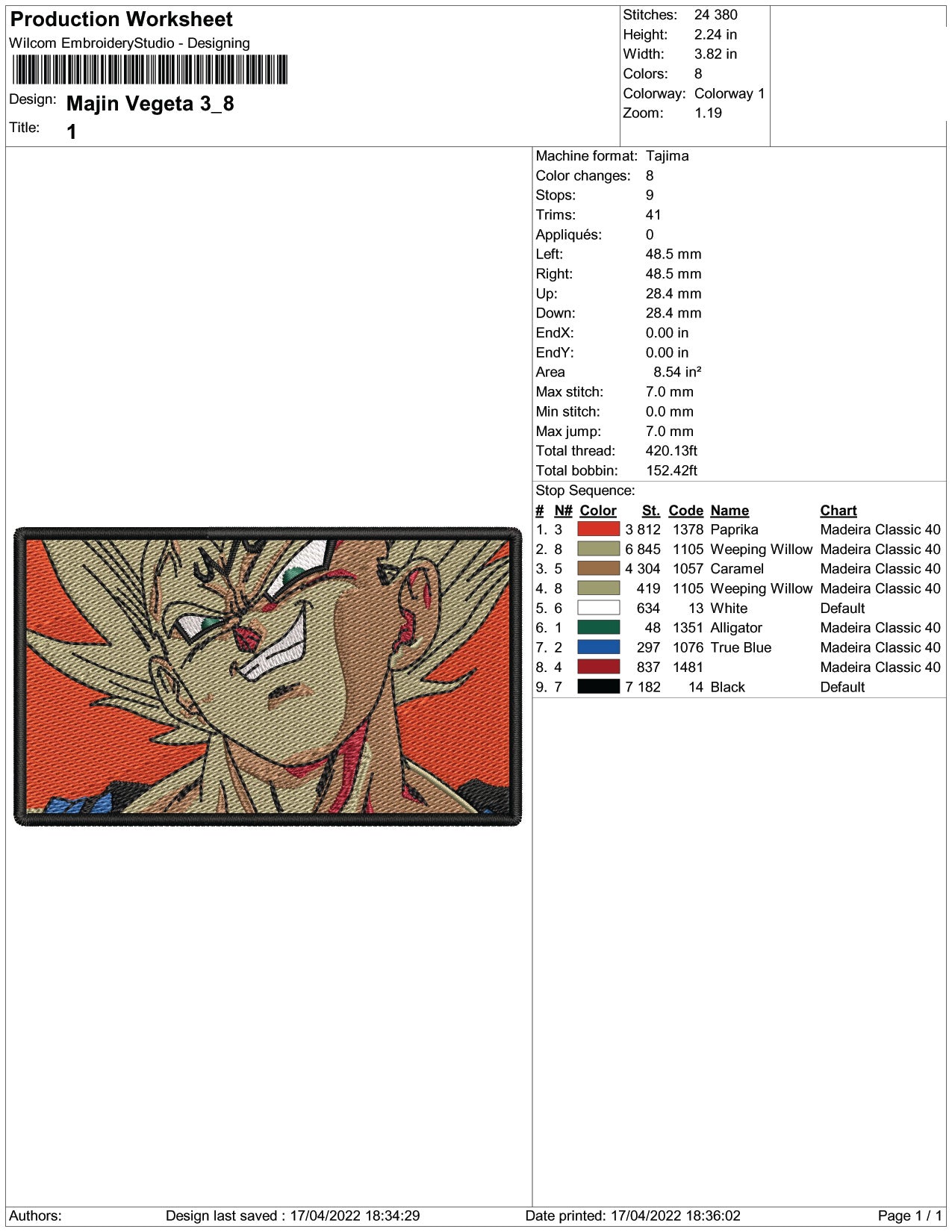 Majin Vegeta Embroidery Design Files - 3 Size's
