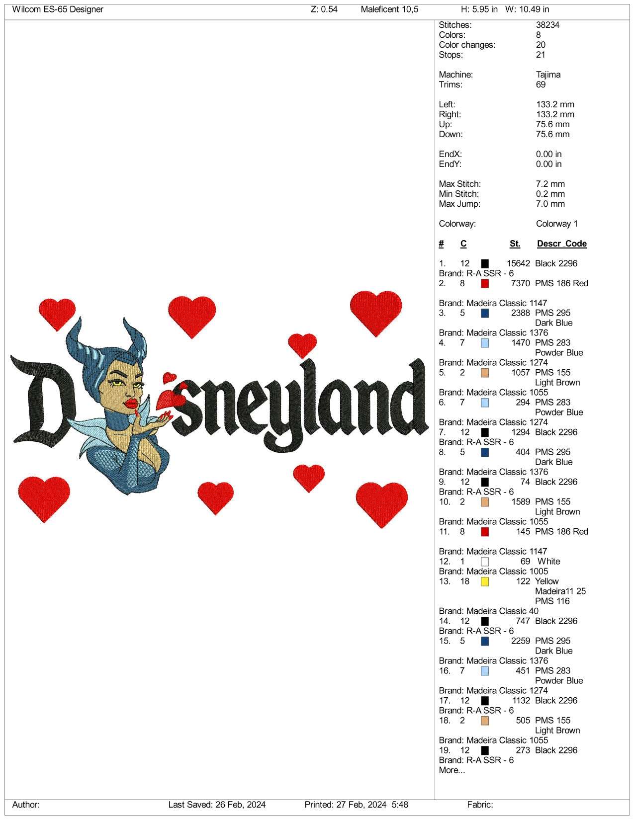 Maleficent Disneyland Embroidery Design Files - 3 Size's