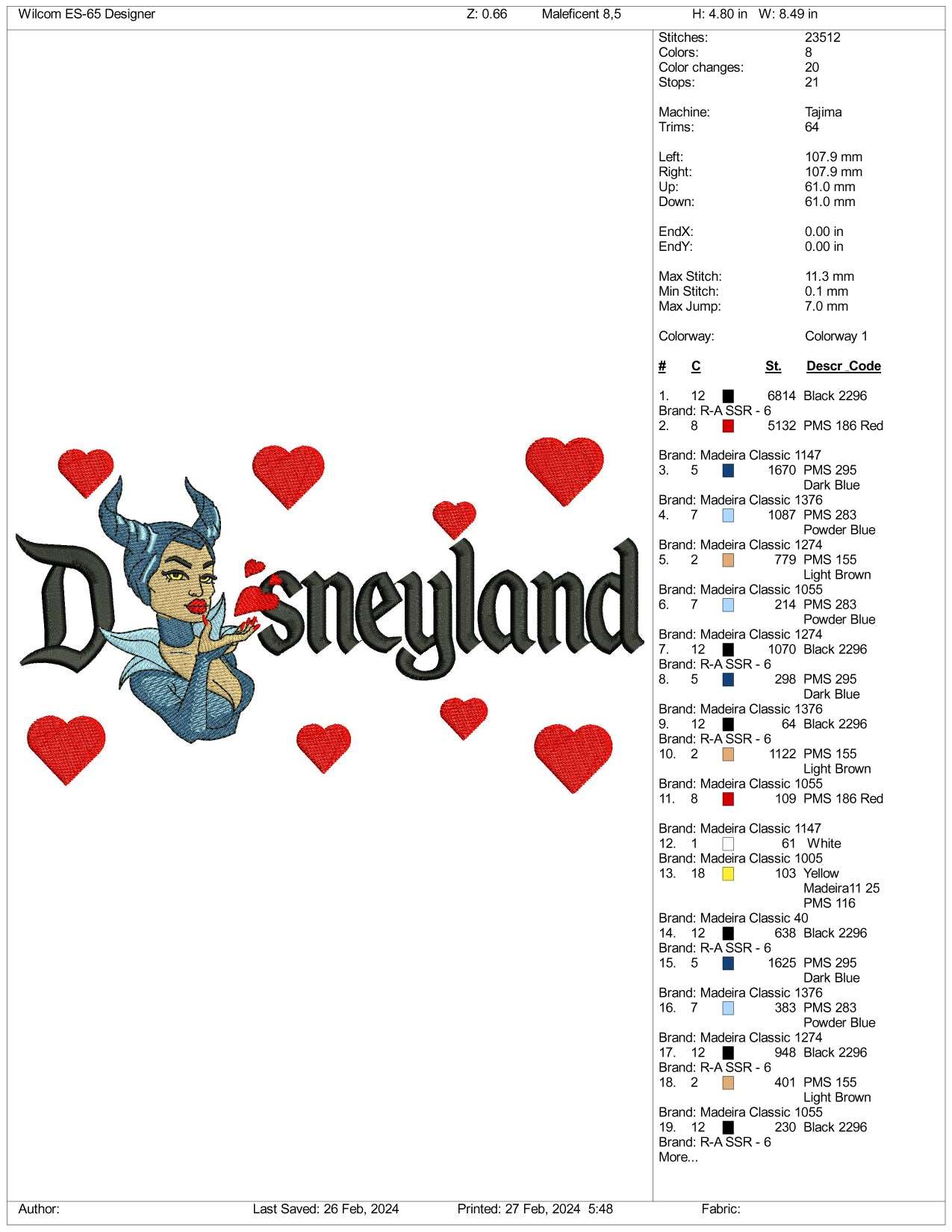 Maleficent Disneyland Embroidery Design Files - 3 Size's