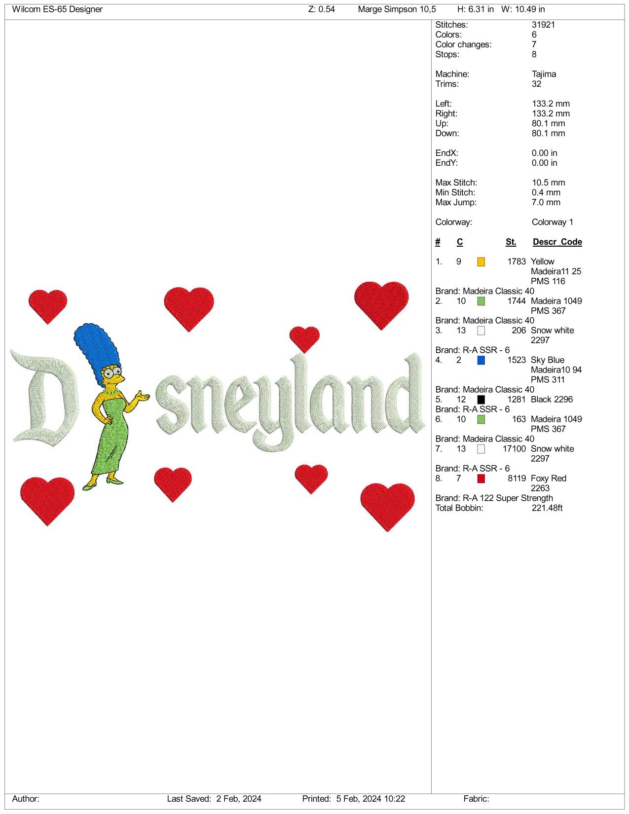 Marge Simpson Disneyland Embroidery Design Files - 3 Size's