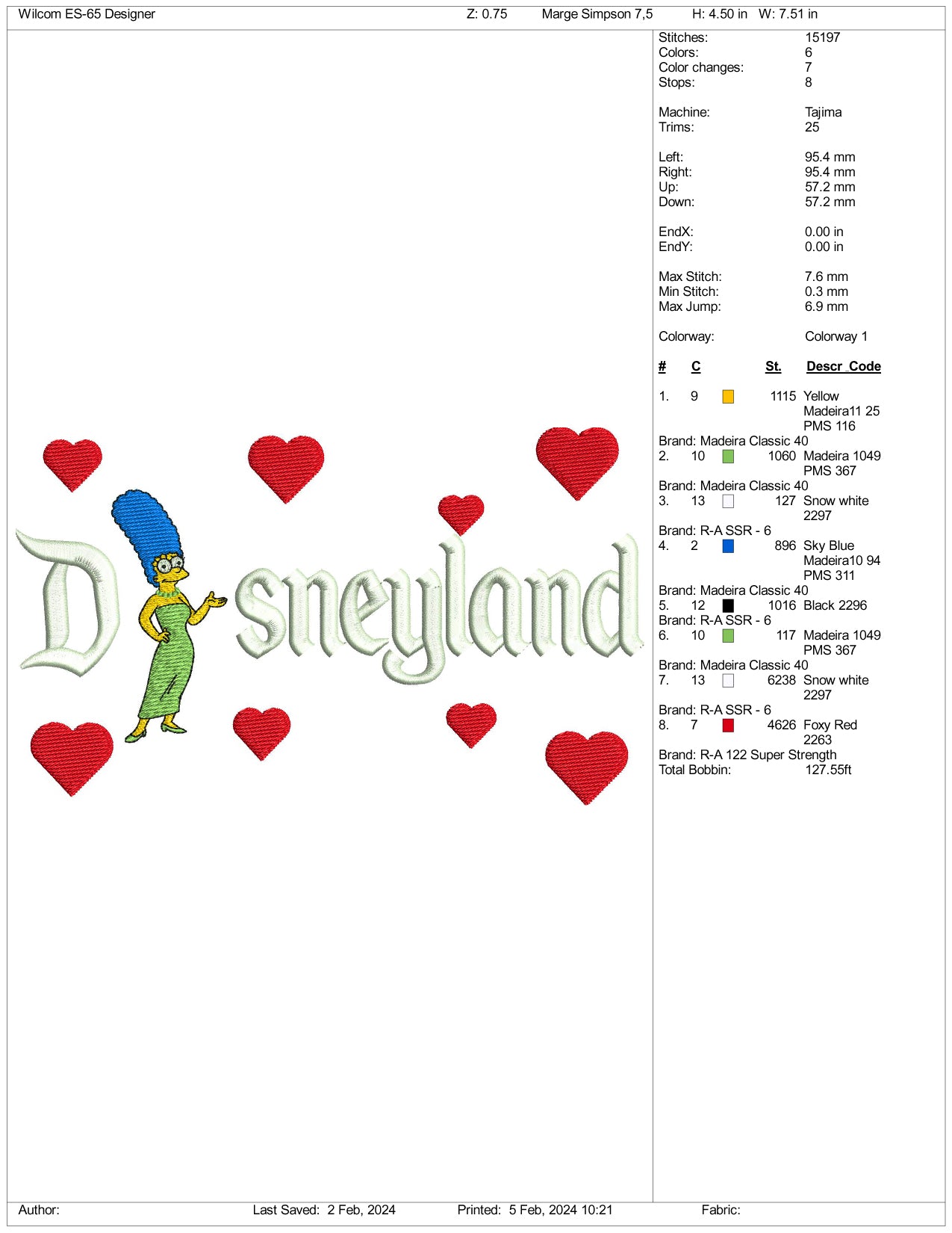 Marge Simpson Disneyland Embroidery Design Files - 3 Size's