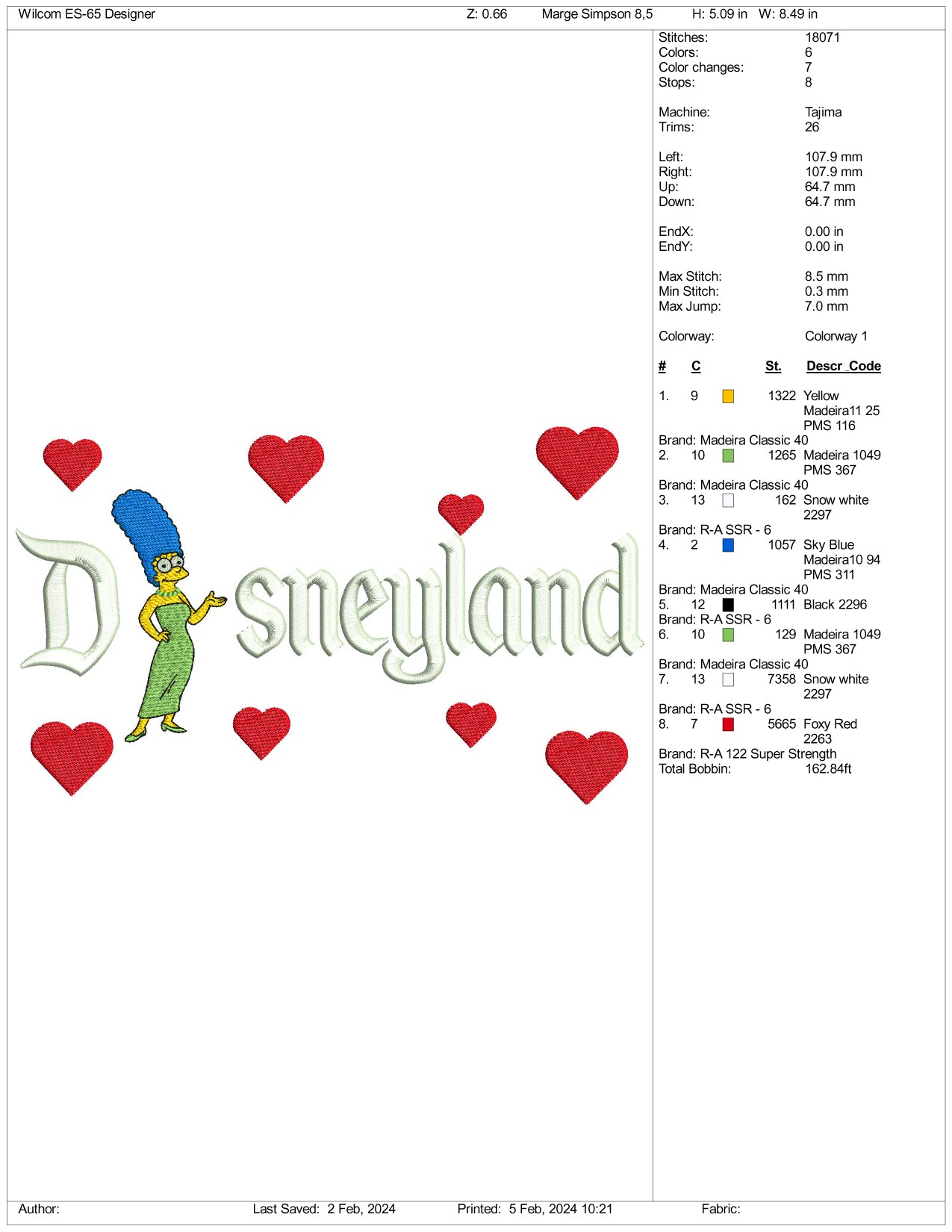 Marge Simpson Disneyland Embroidery Design Files - 3 Size's