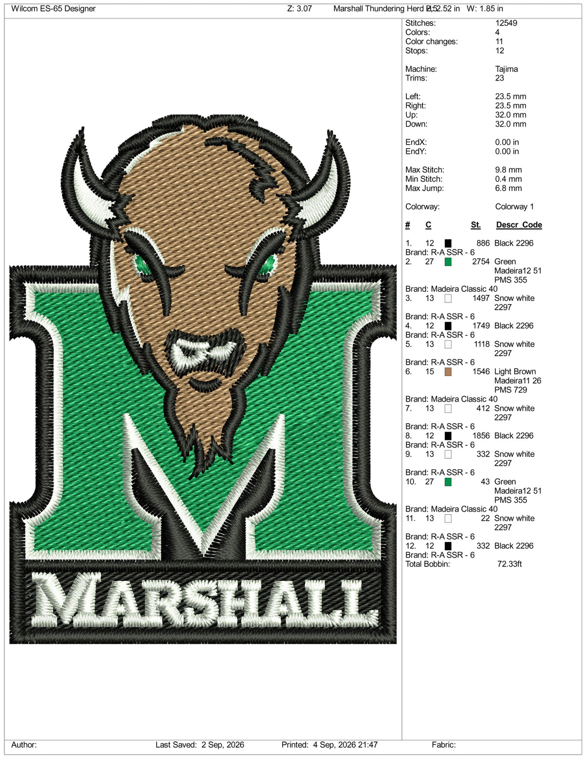 Marshall Thundering Herd Logo Embroidery Design Files - 3 Size's