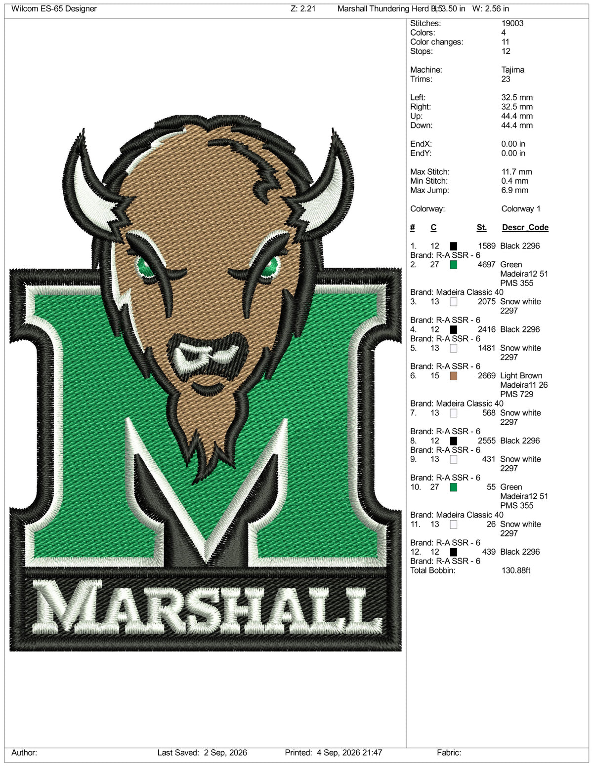 Marshall Thundering Herd Logo Embroidery Design Files - 3 Size's