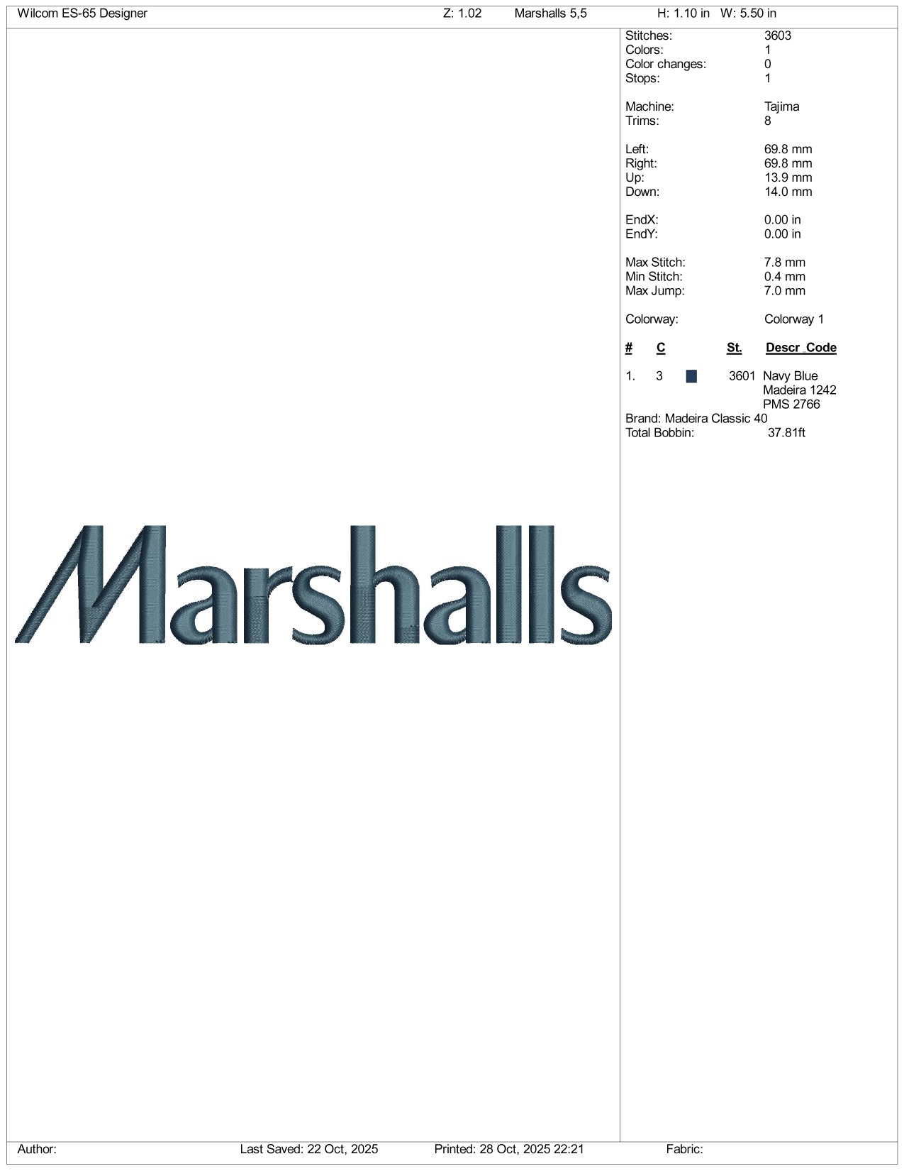 Marshalls Logo Embroidery Design Files - 4 Size's