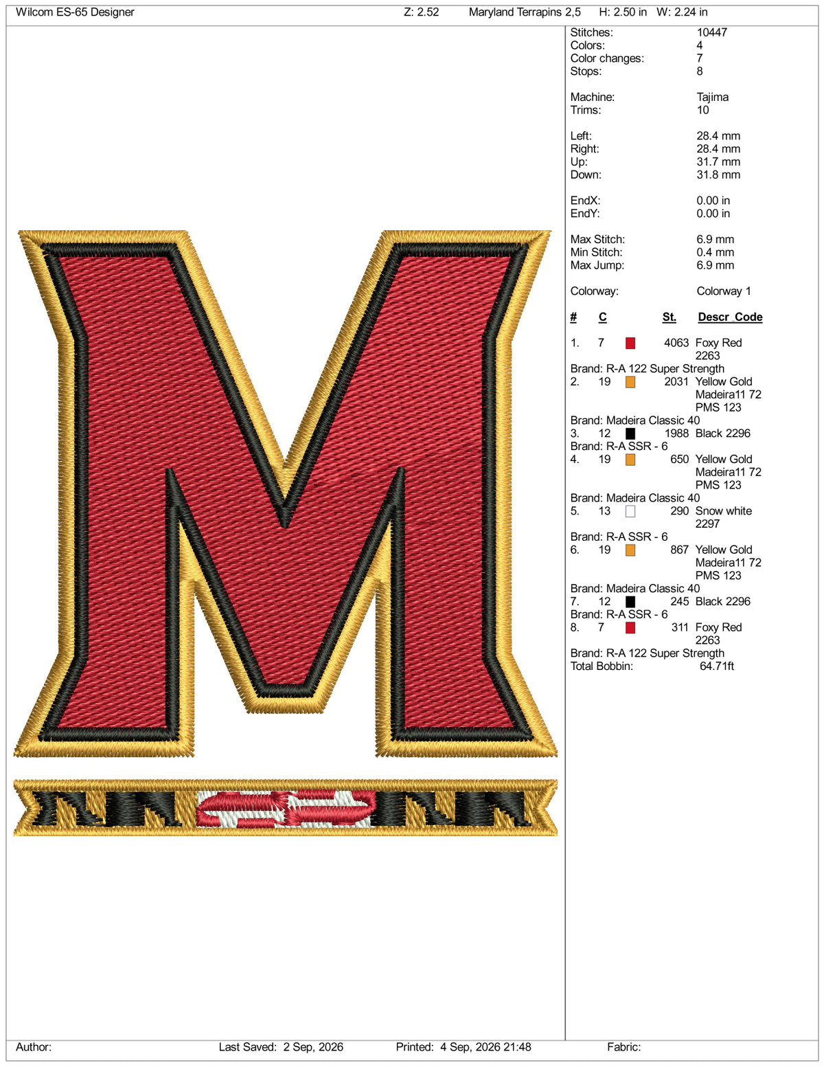 Maryland Terrapins Logo Embroidery Design Files - 3 Size's