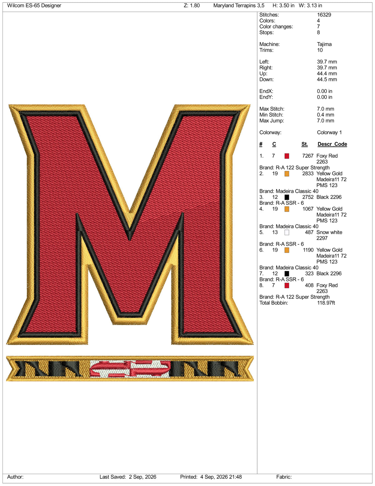 Maryland Terrapins Logo Embroidery Design Files - 3 Size's