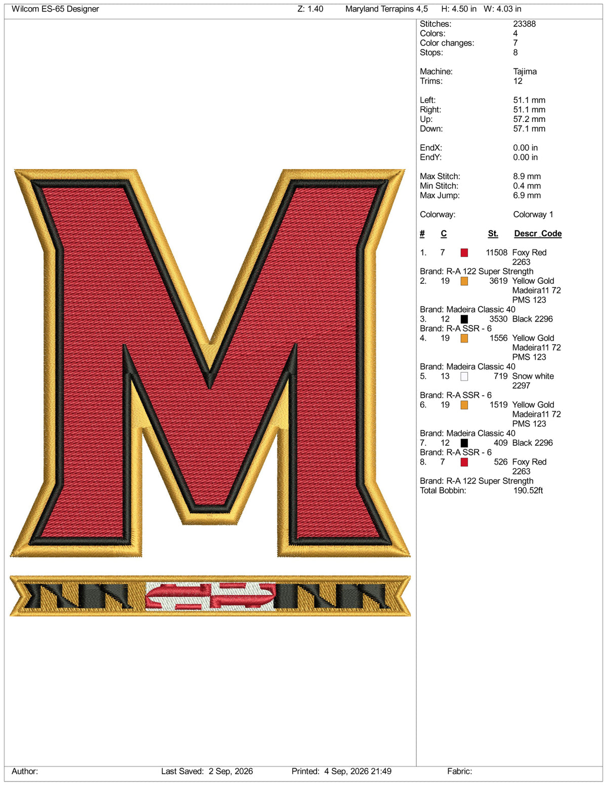 Maryland Terrapins Logo Embroidery Design Files - 3 Size's
