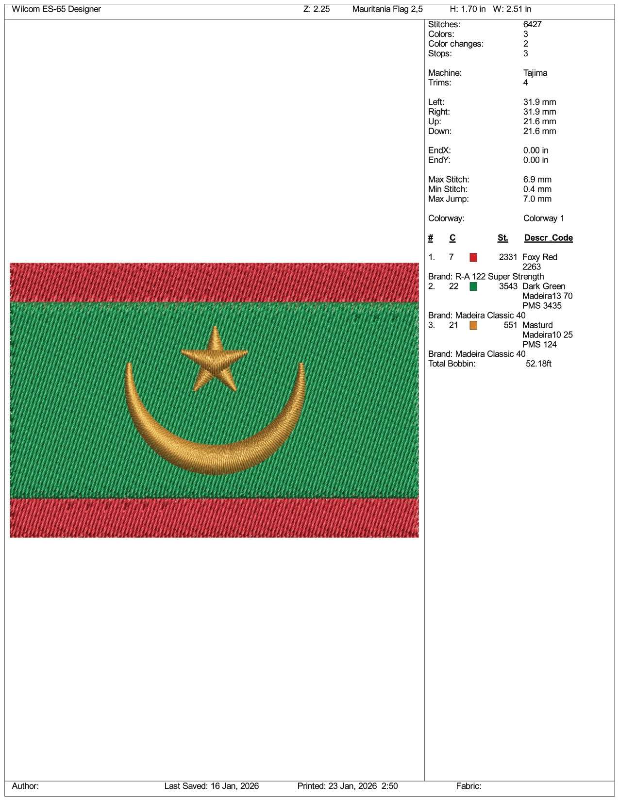 Mauritania Flag Embroidery Design Files - 3 Size's