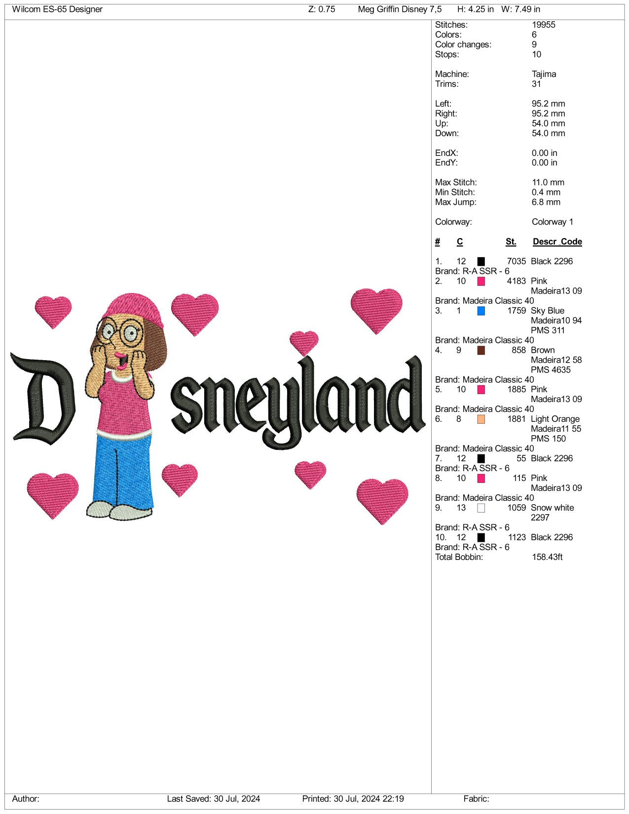 Meg Griffin Disneyland Embroidery Design Files - 3 Size's