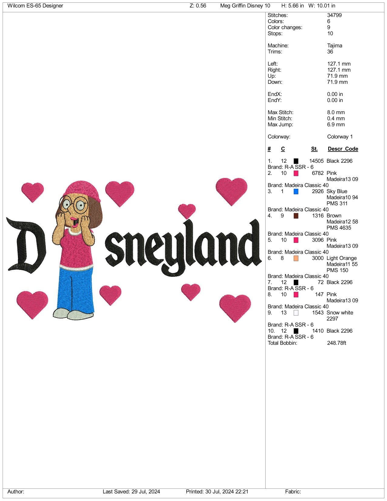 Meg Griffin Disneyland Embroidery Design Files - 3 Size's