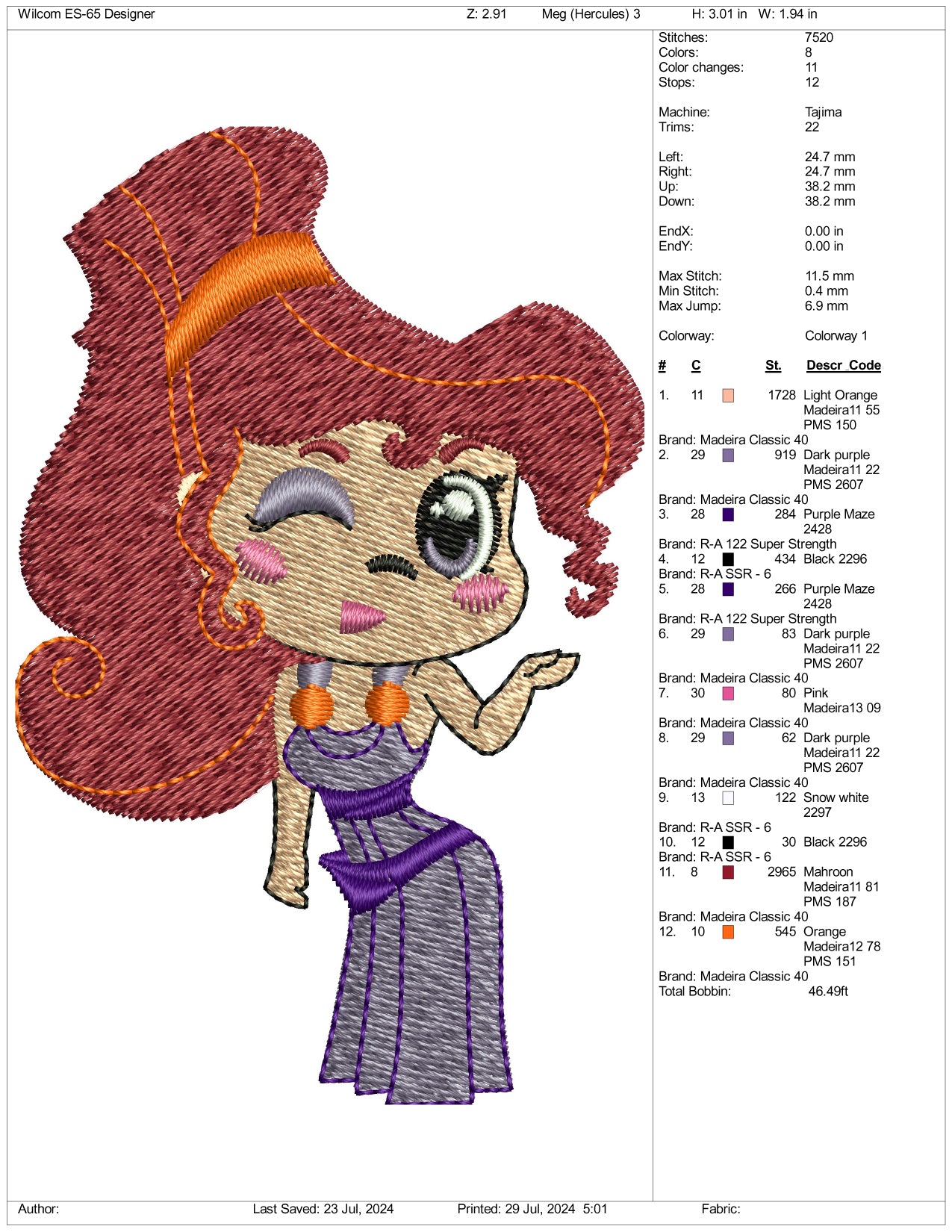 Chibi Megara Embroidery Design Files - 3 Size's