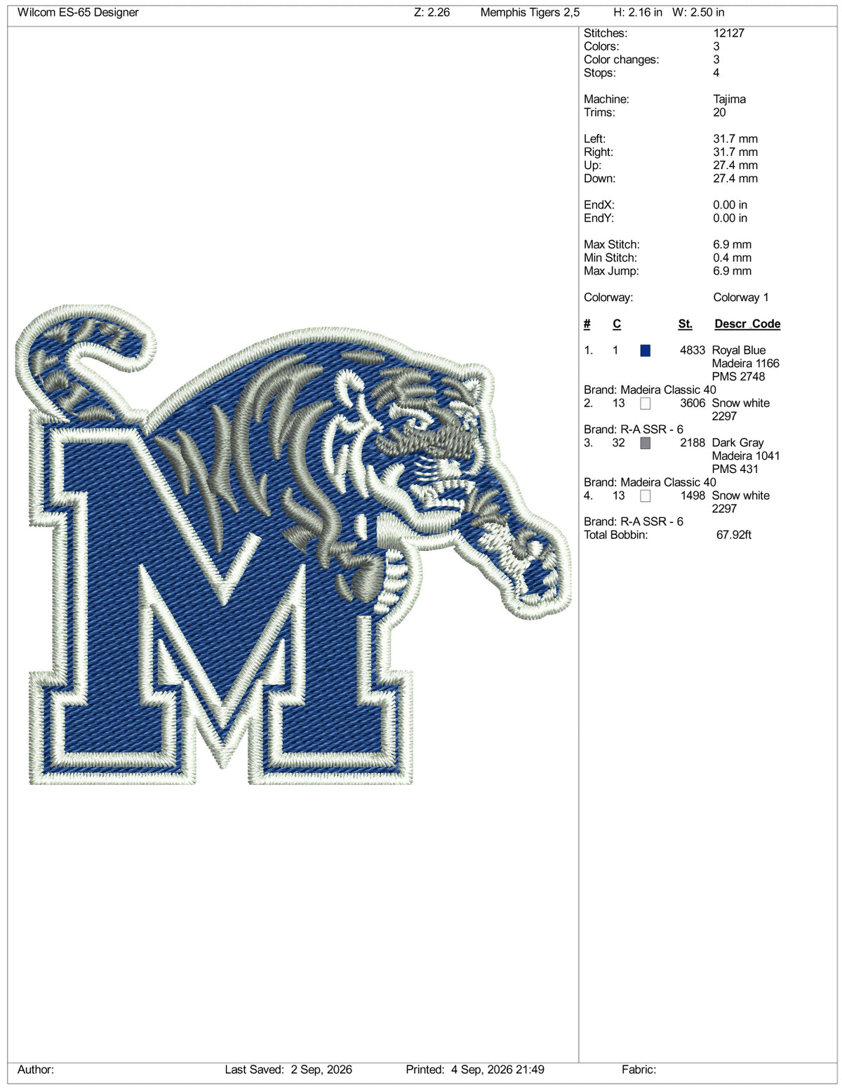 Memphis Tigers Logo Embroidery Design Files - 3 Size's