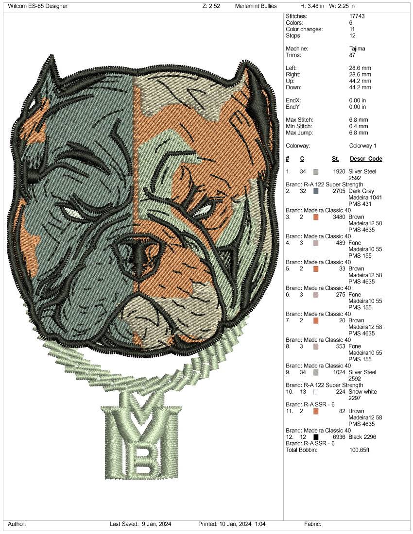 Bull Dog Embroidery Design Files - 3 Size's