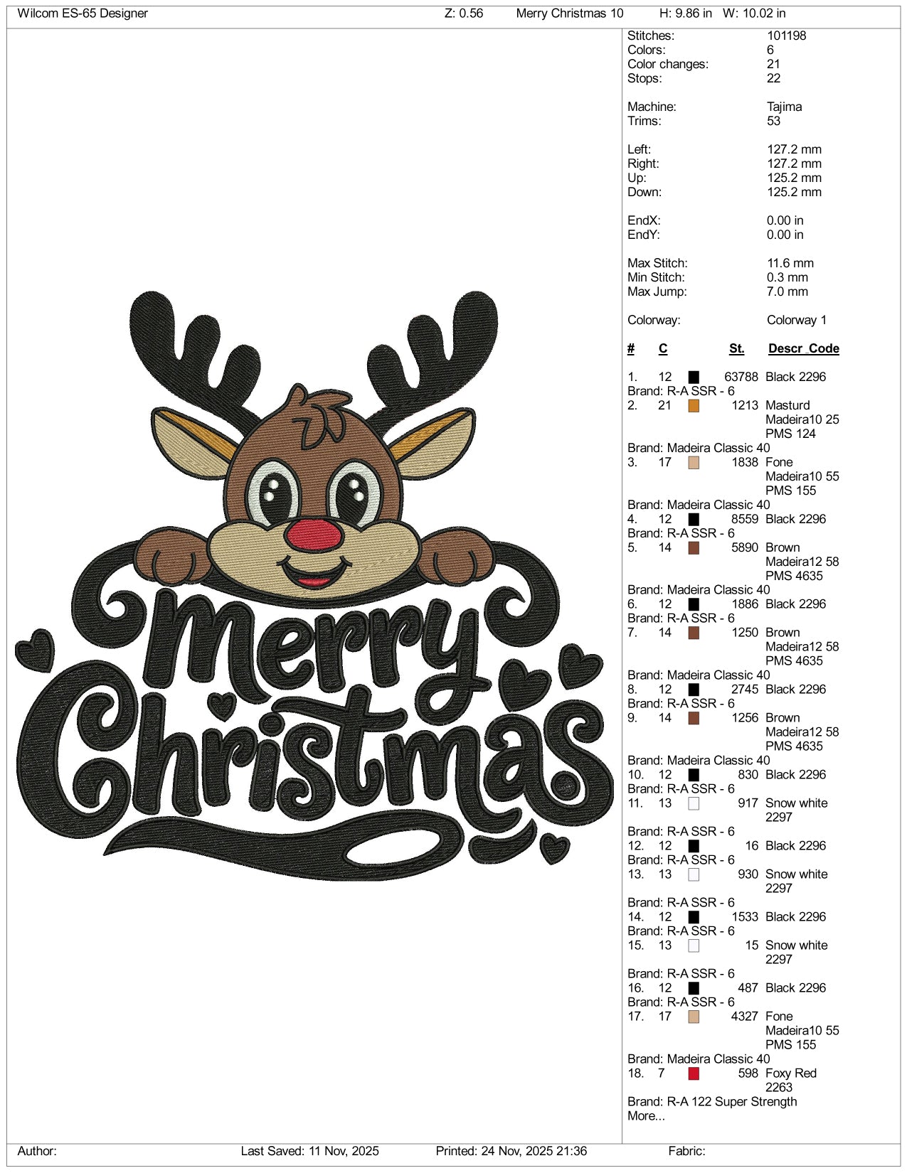 Merry Christmas Deer Embroidery Design Files - 5 Size's