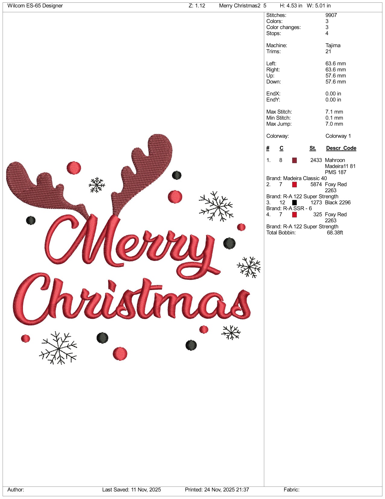 Merry Christmas Deer Horns Embroidery Design Files - 5 Size's