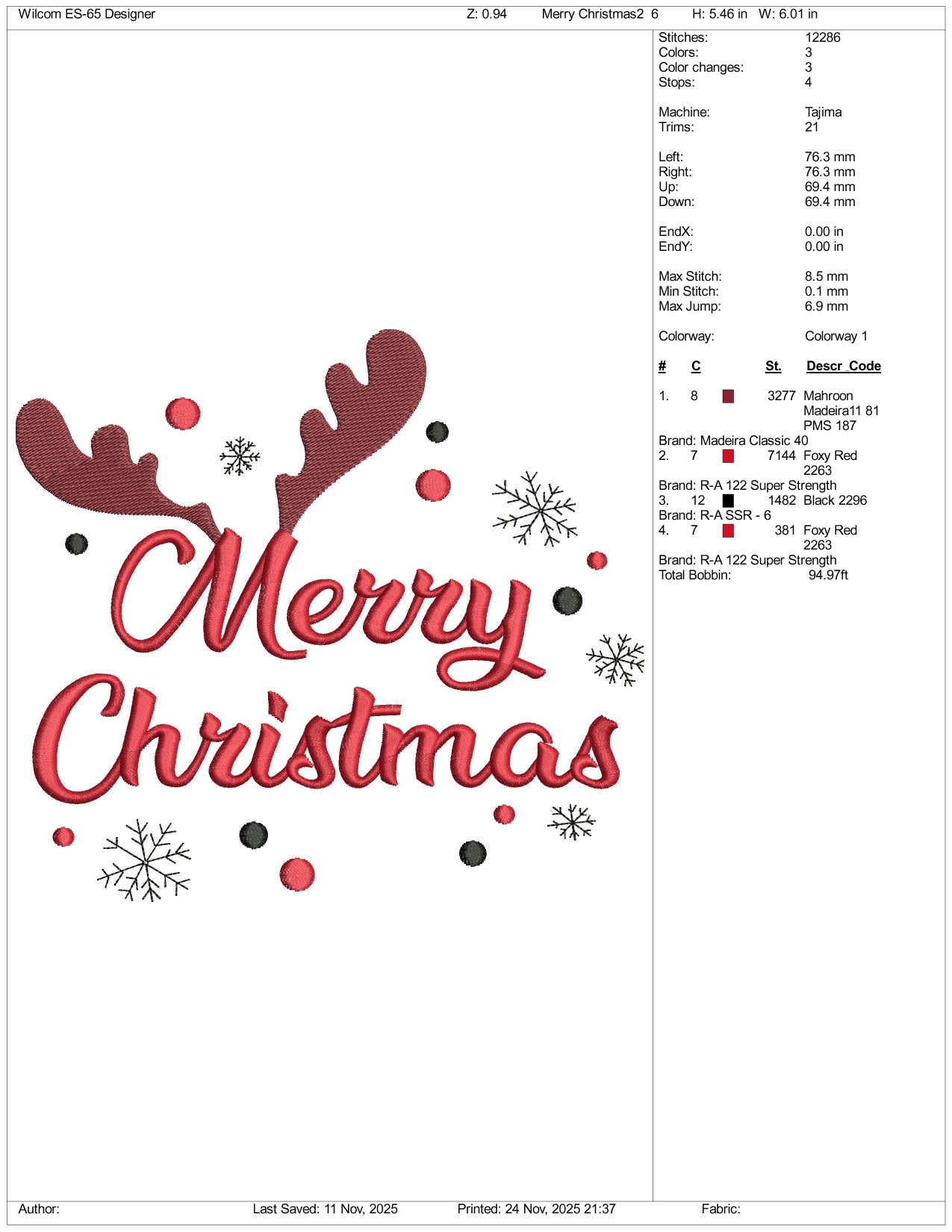 Merry Christmas Deer Horns Embroidery Design Files - 5 Size's