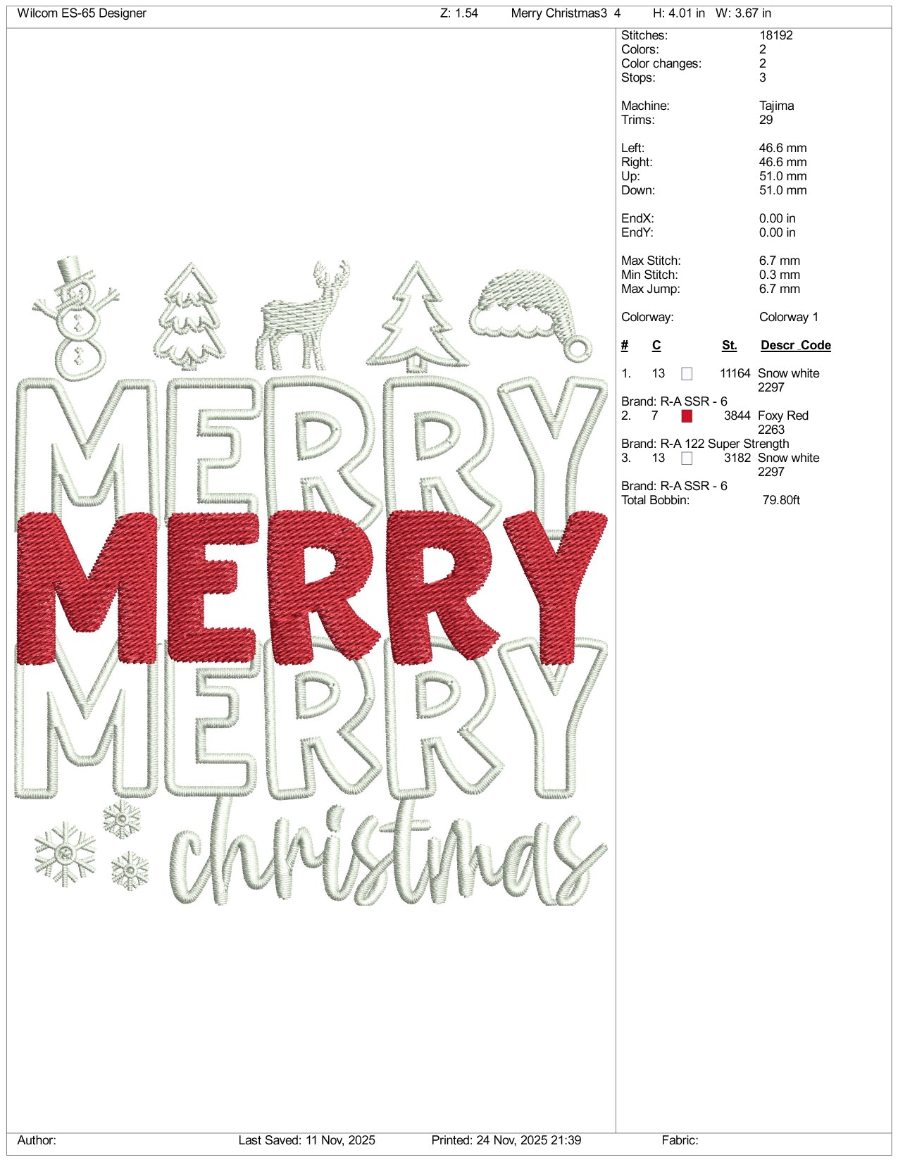 Merry Merry Merry Christmas Embroidery Design Files - 5 Size's