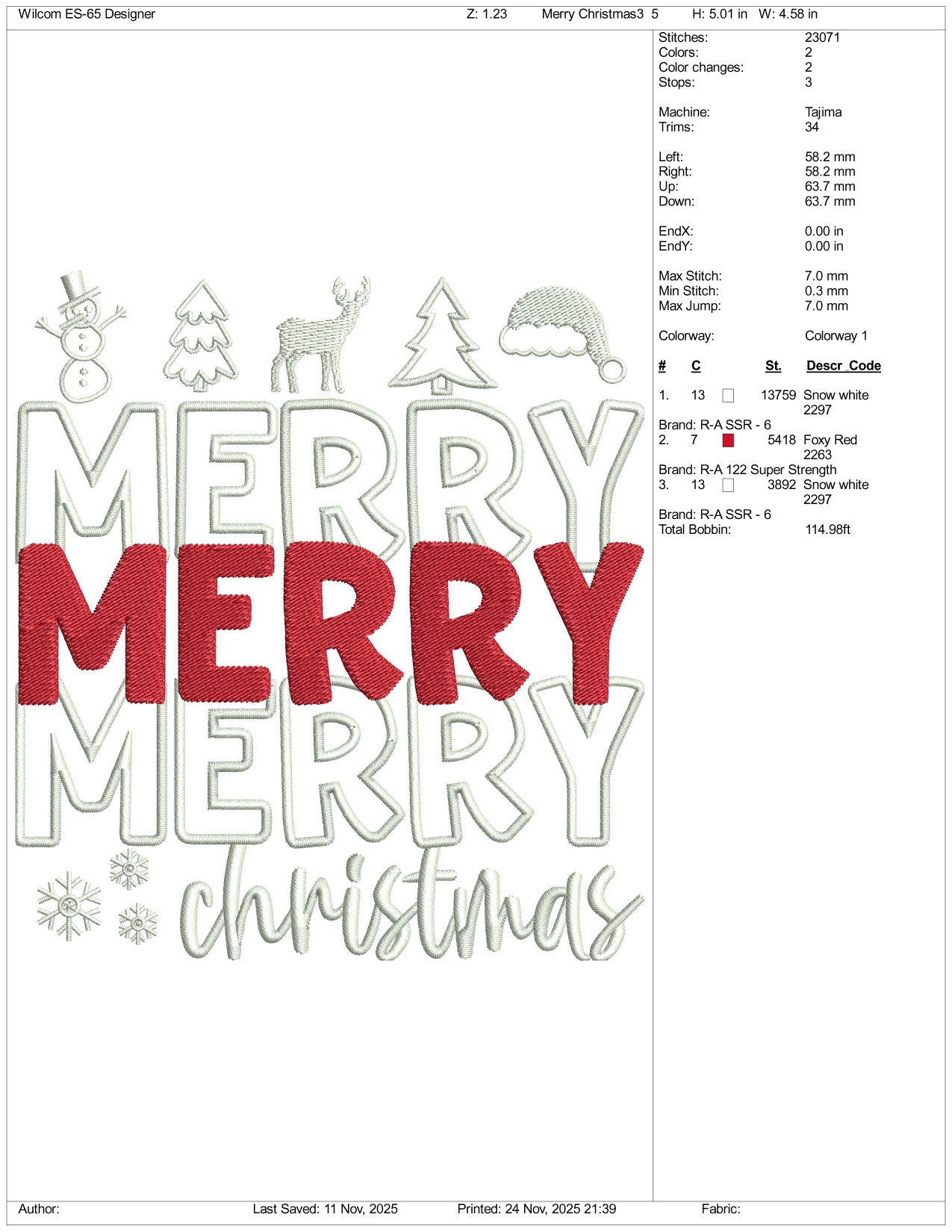 Merry Merry Merry Christmas Embroidery Design Files - 5 Size's