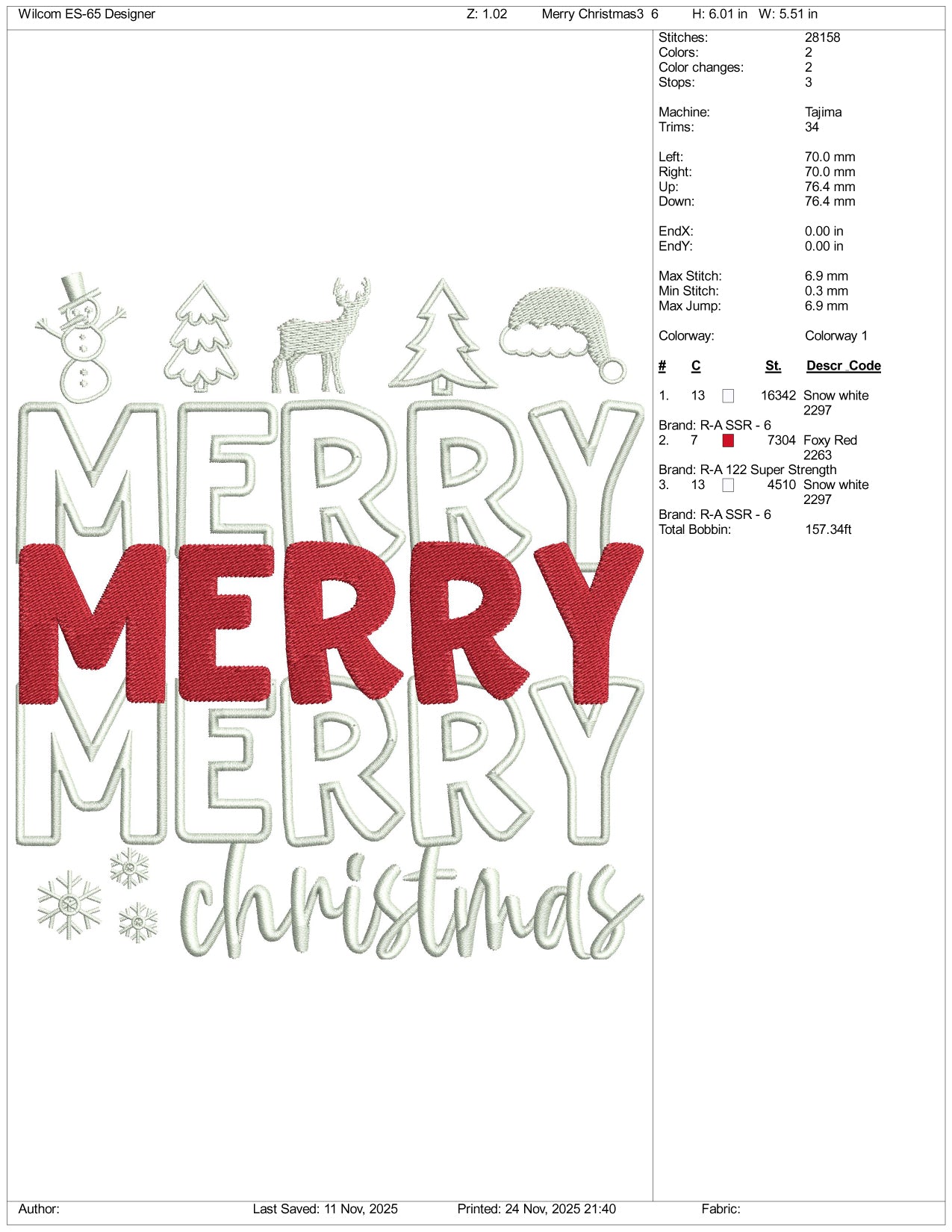 Merry Merry Merry Christmas Embroidery Design Files - 5 Size's