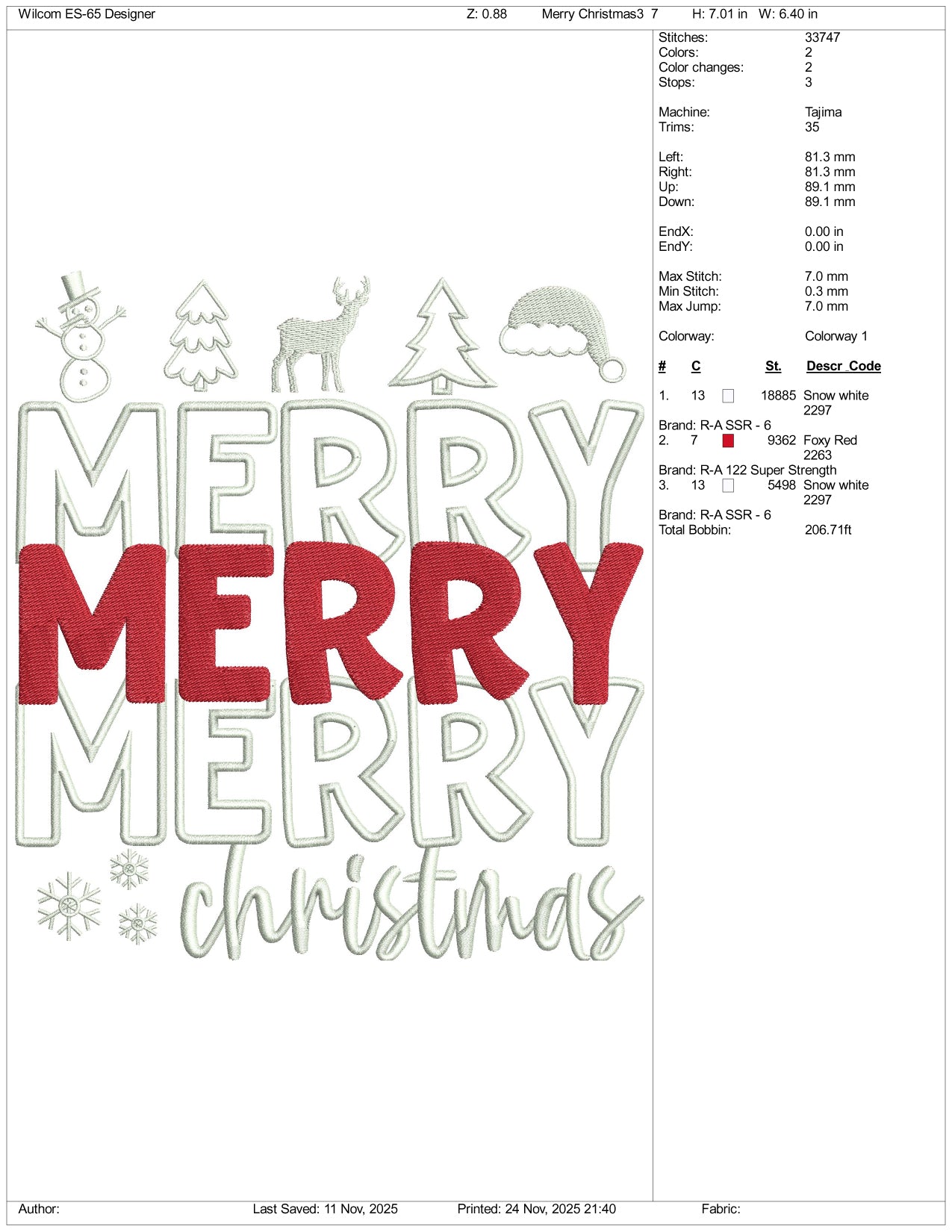 Merry Merry Merry Christmas Embroidery Design Files - 5 Size's