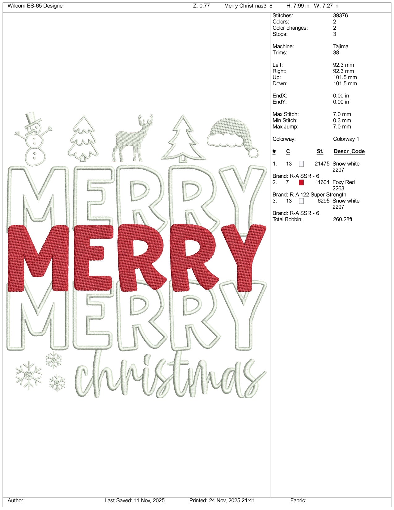 Merry Merry Merry Christmas Embroidery Design Files - 5 Size's