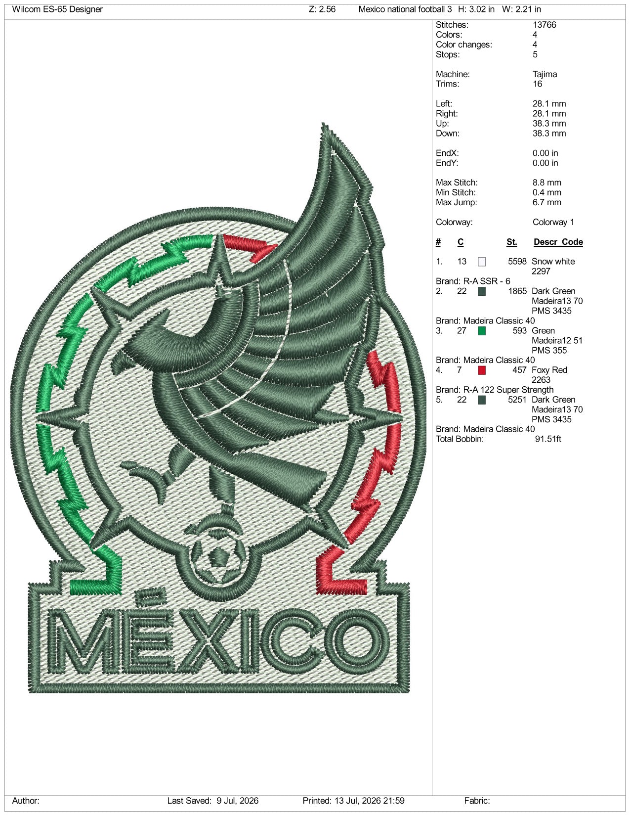 Mexico National Football Logo Embroidery Design Files - 3 Size's