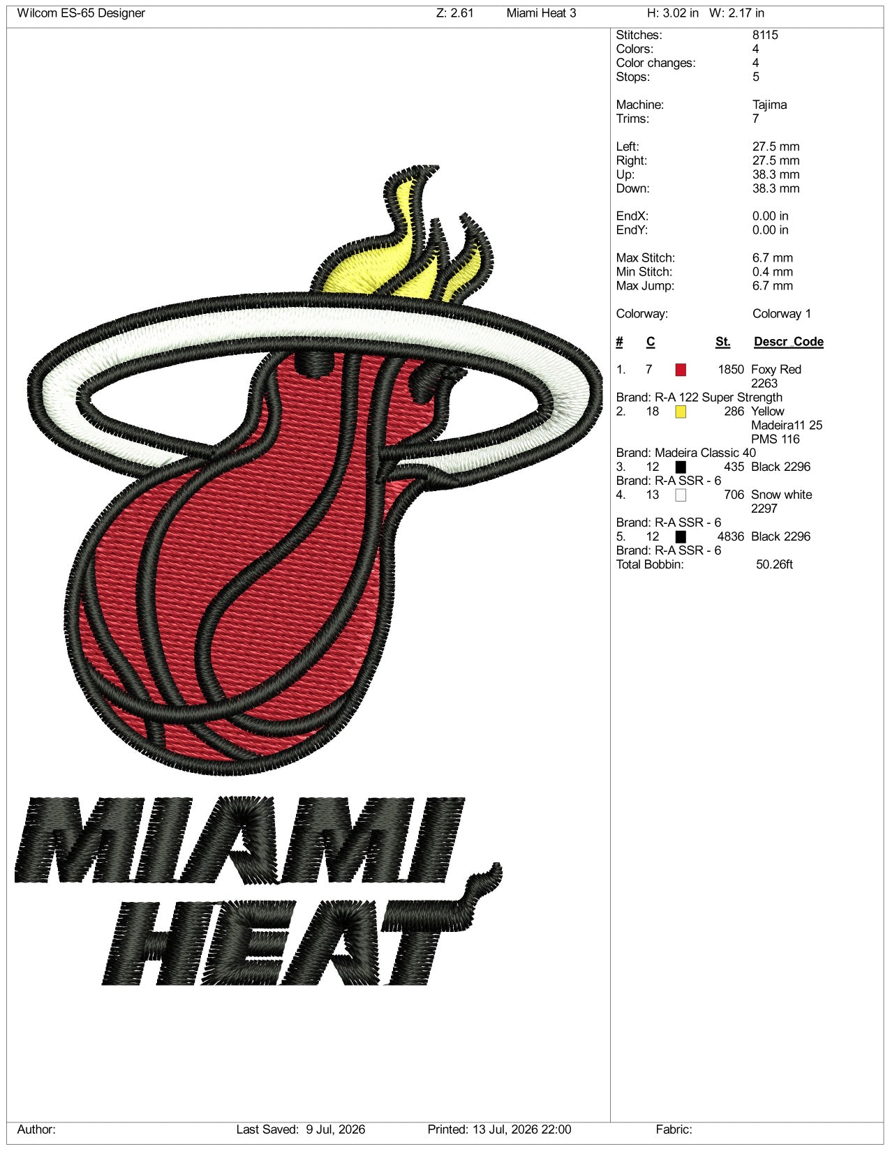 Miami Heat Logo Embroidery Design Files - 3 Size's