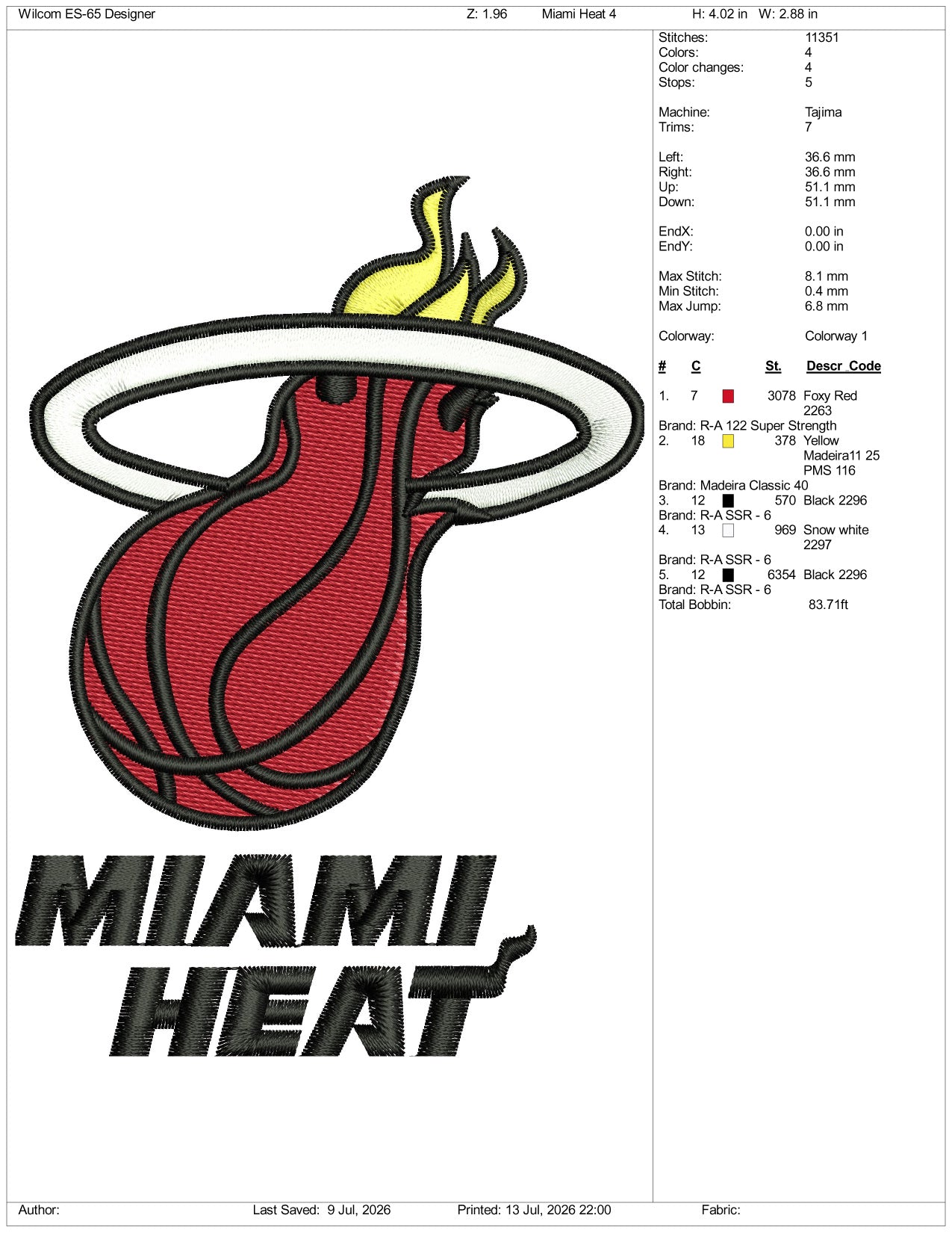 Miami Heat Logo Embroidery Design Files - 3 Size's