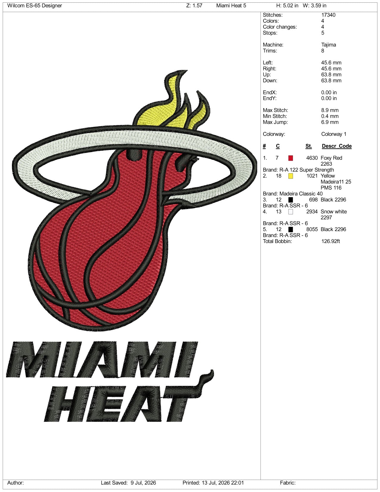 Miami Heat Logo Embroidery Design Files - 3 Size's