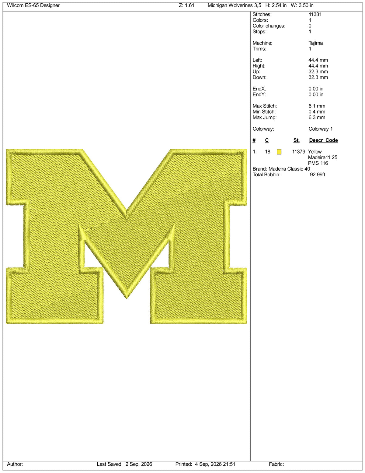 Michigan Wolverines Logo Embroidery Design Files - 3 Size's