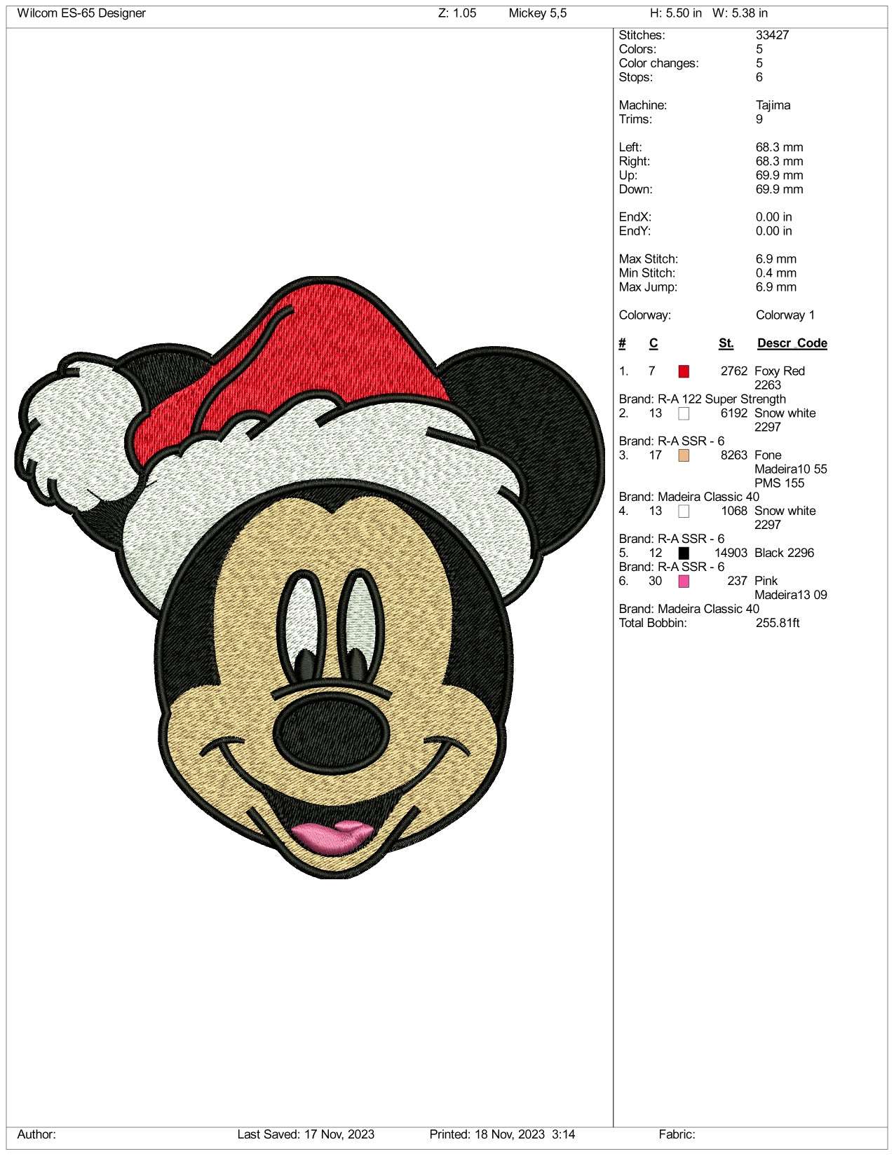 Christmas Mickey Mouse Santa v2 Embroidery Design Files - 3 Size's