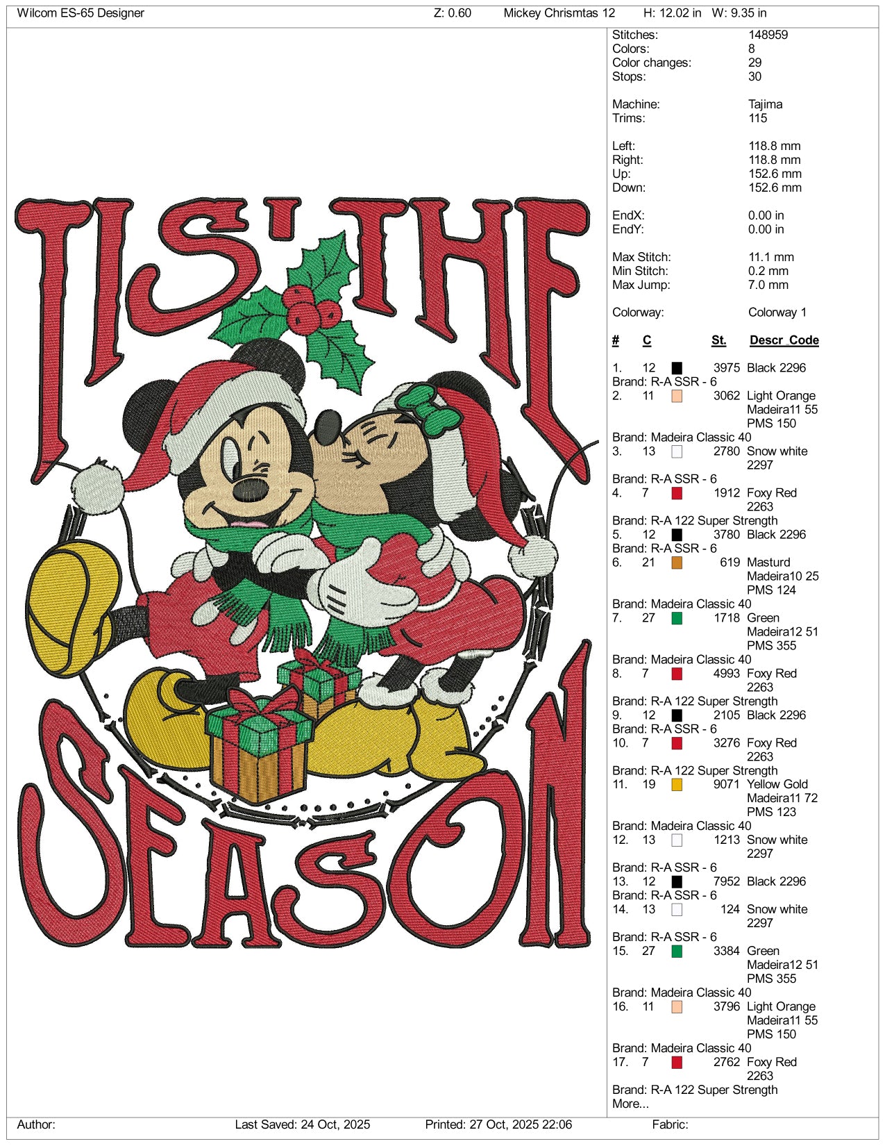 Tis The Season Mickey Mouse Embroidery Design Files - 4 Size's