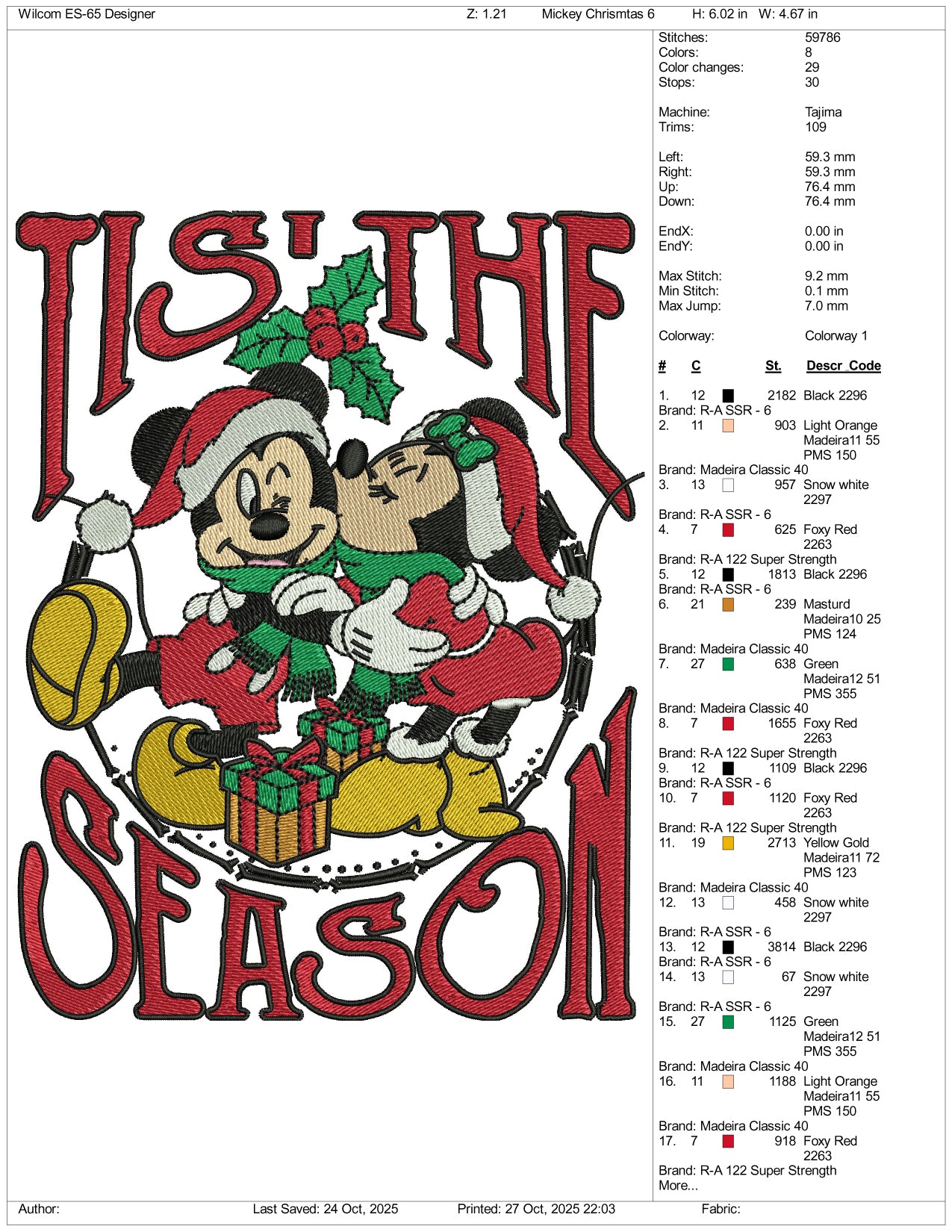 Tis The Season Mickey Mouse Embroidery Design Files - 4 Size's