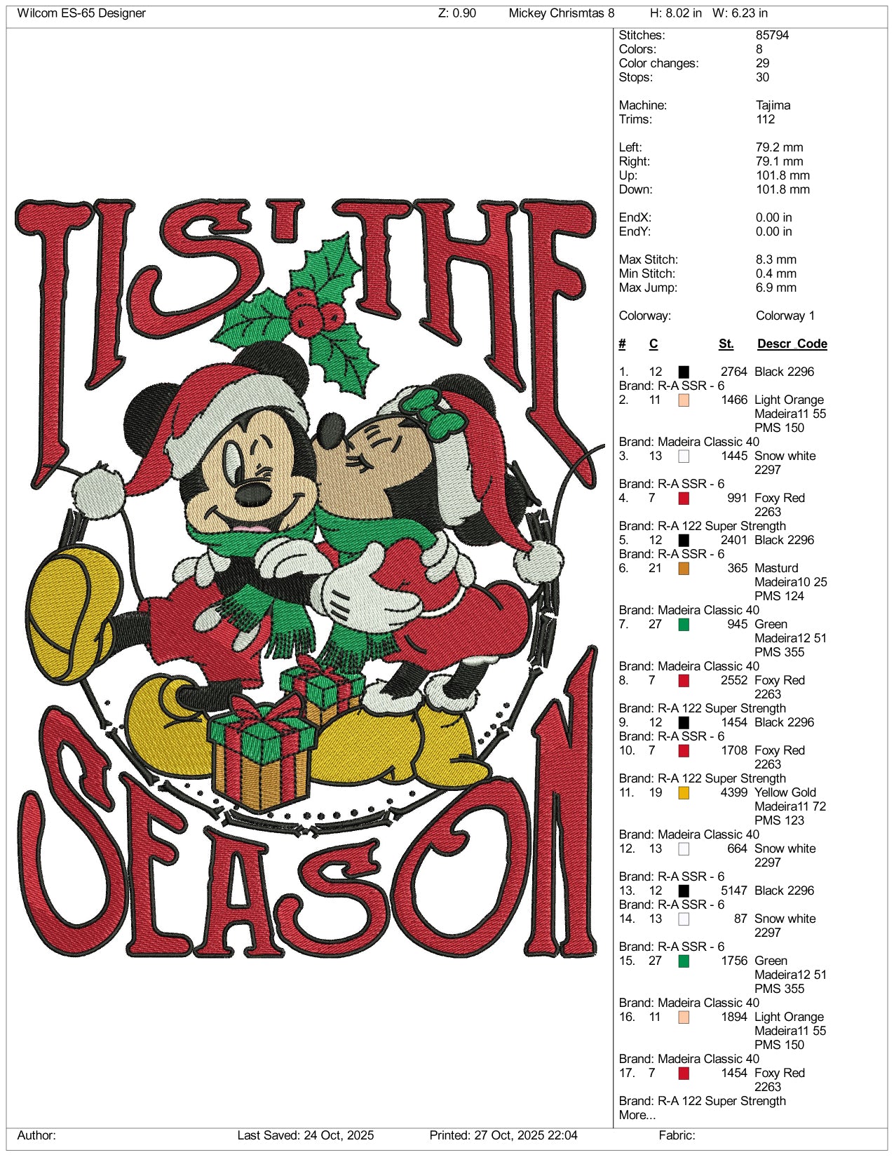 Tis The Season Mickey Mouse Embroidery Design Files - 4 Size's