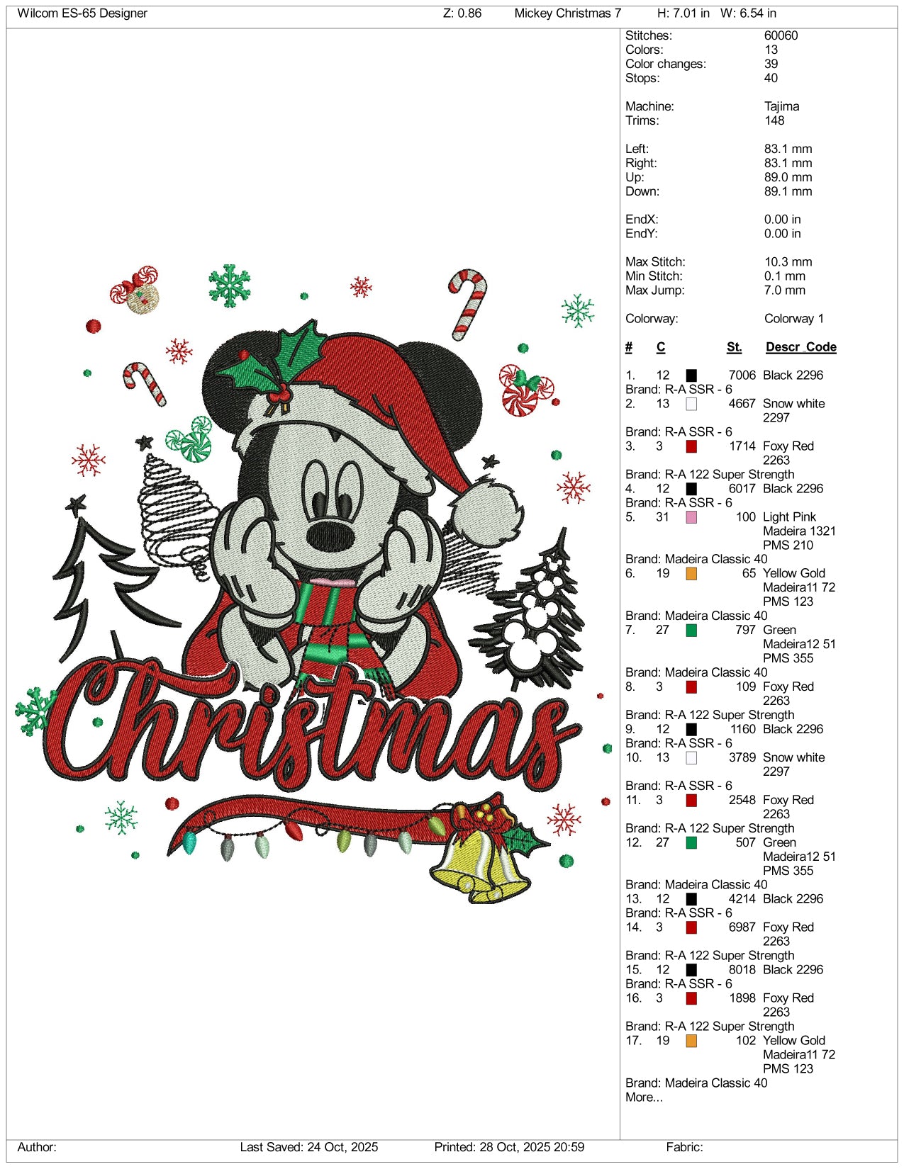 Mickey Mouse Christmas Embroidery Design Files - 4 Size's