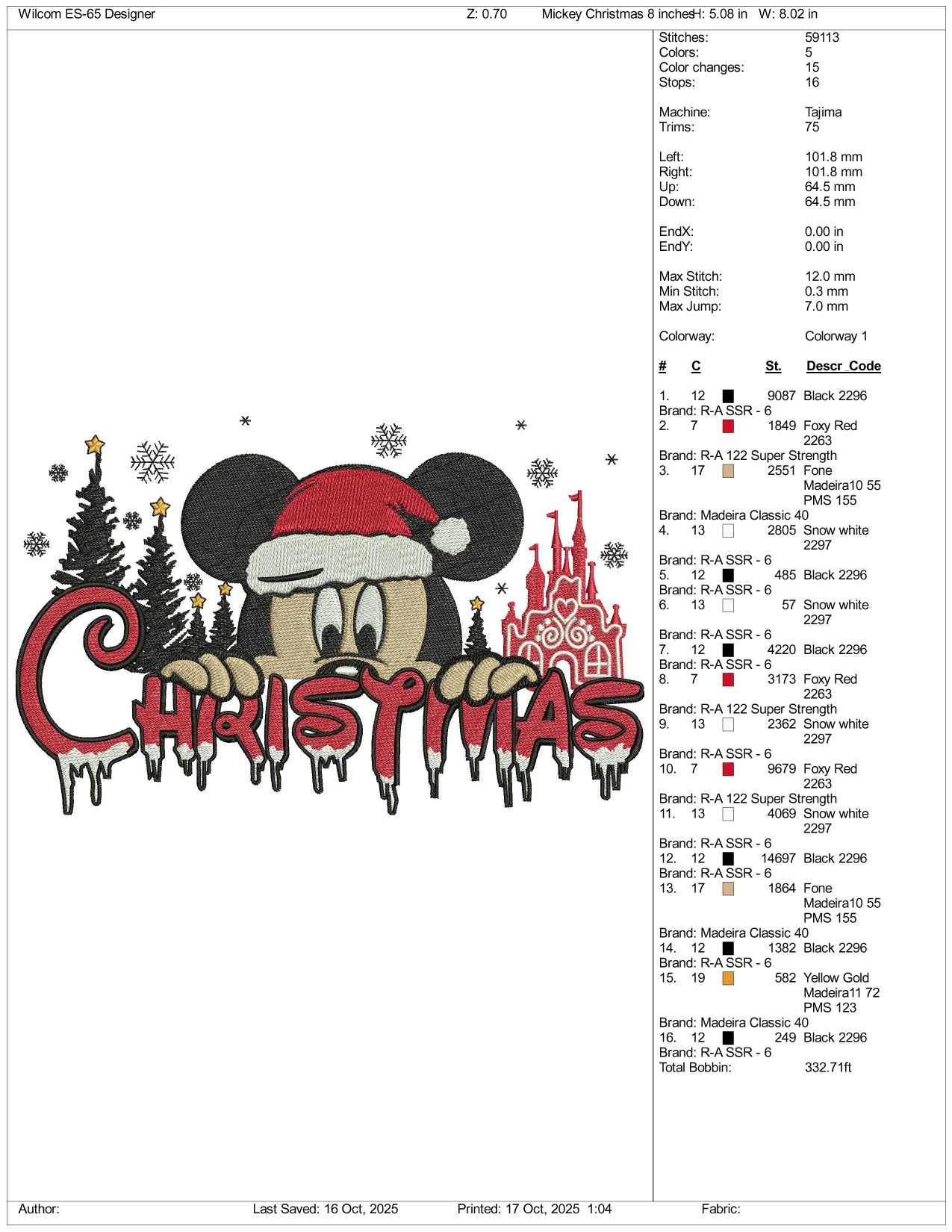 Mickey Mouse Christmas Disneyland Embroidery Design Files - 4 Size's