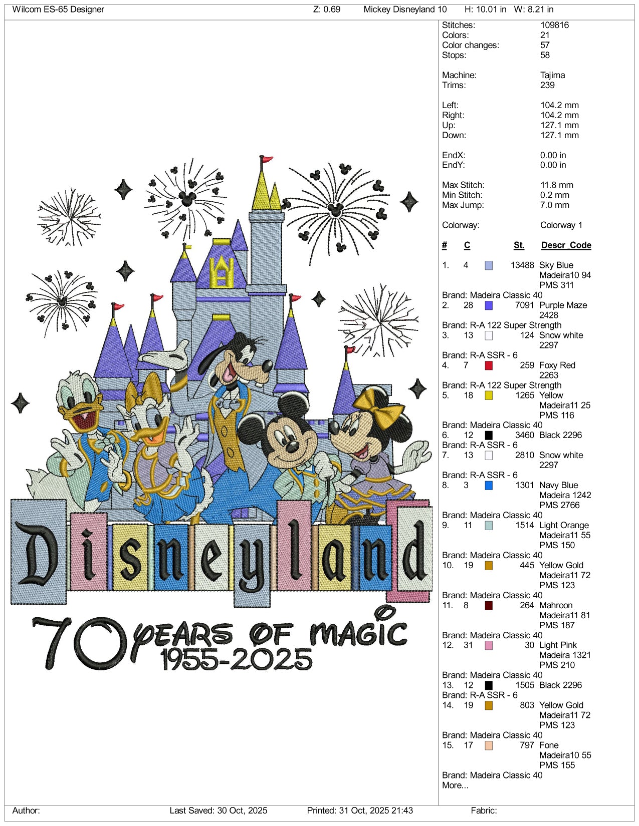 Disneyland 70 Years Of Magic 1955-2025 Embroidery Design Files - 3 Size's