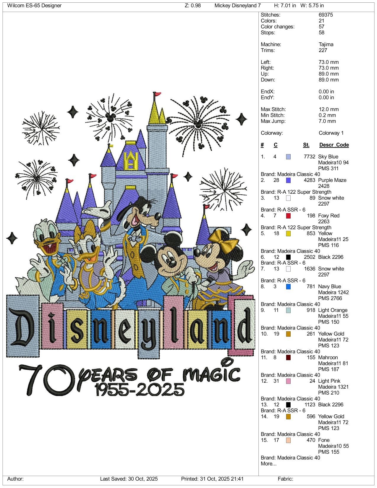 Disneyland 70 Years Of Magic 1955-2025 Embroidery Design Files - 3 Size's