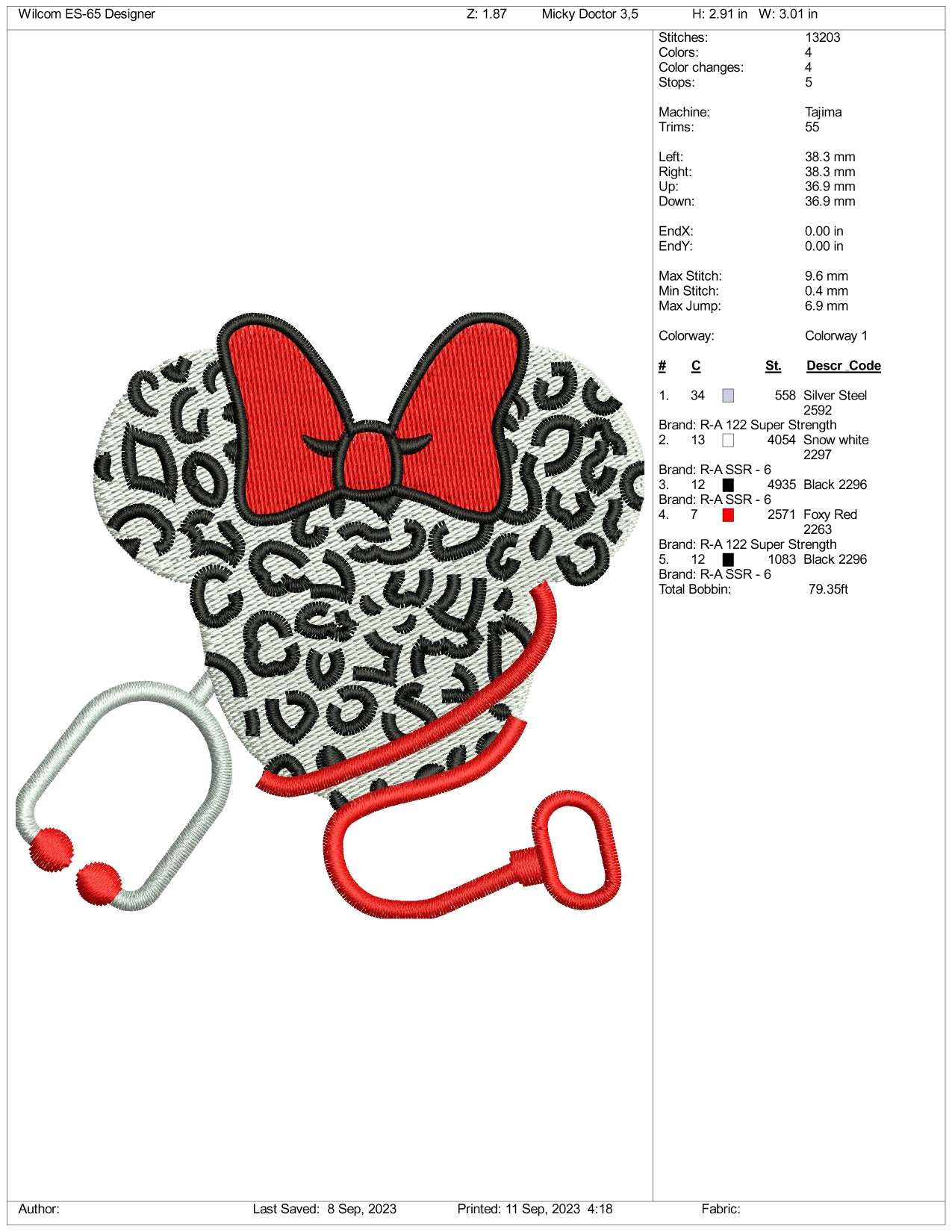 Dr Minnie Mouse Embroidery Design Files - 3 Size's