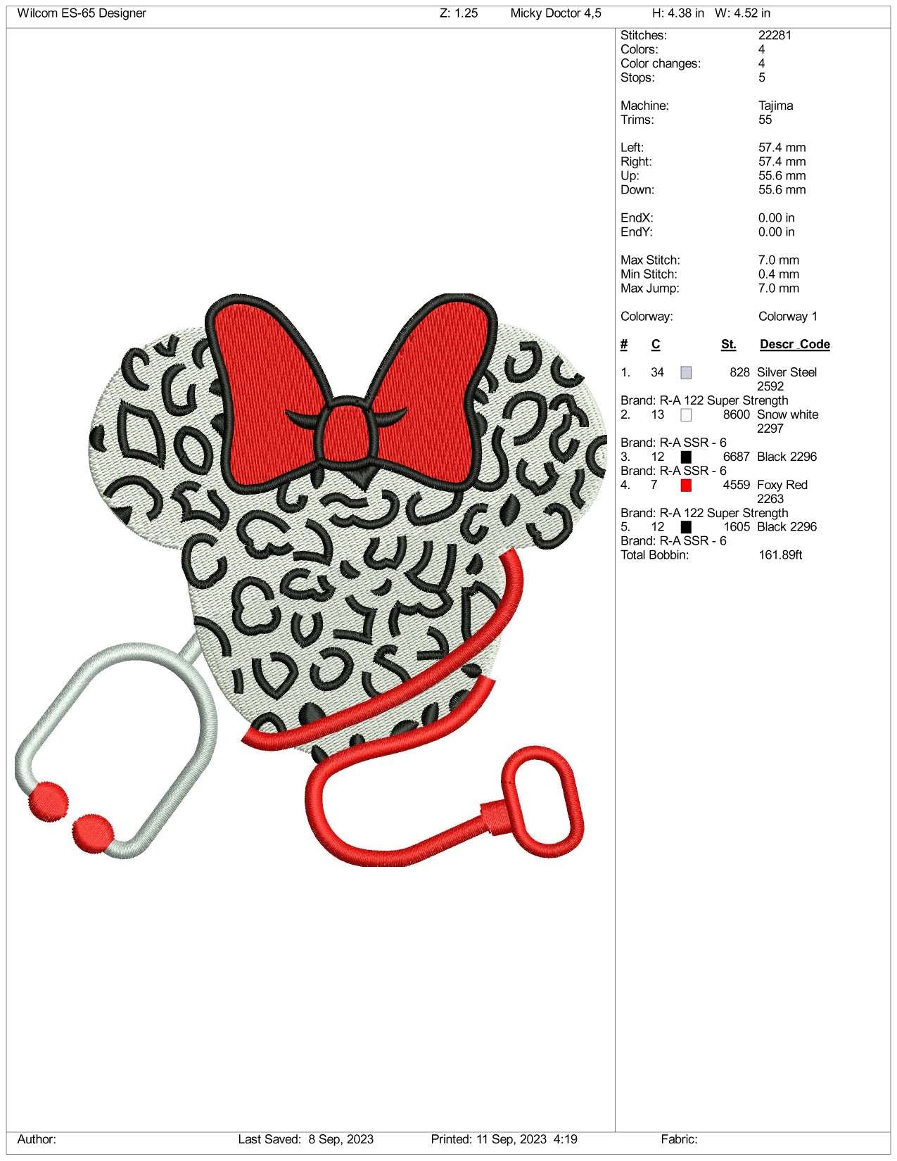 Dr Minnie Mouse Embroidery Design Files - 3 Size's