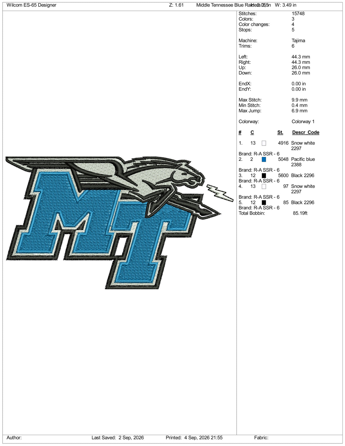 Middle Tennessee Blue Raiders Logo Embroidery Design Files - 2 Size's