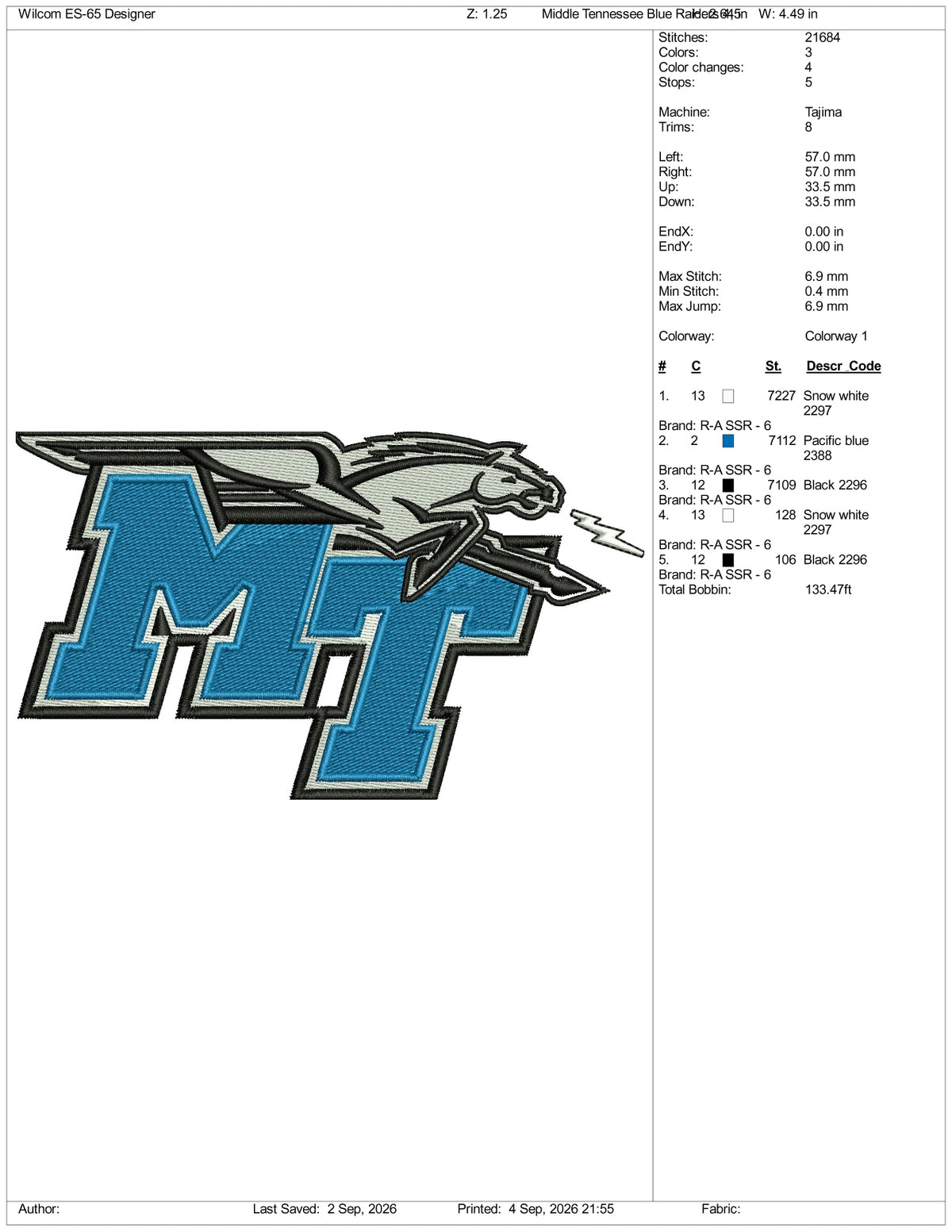Middle Tennessee Blue Raiders Logo Embroidery Design Files - 2 Size's