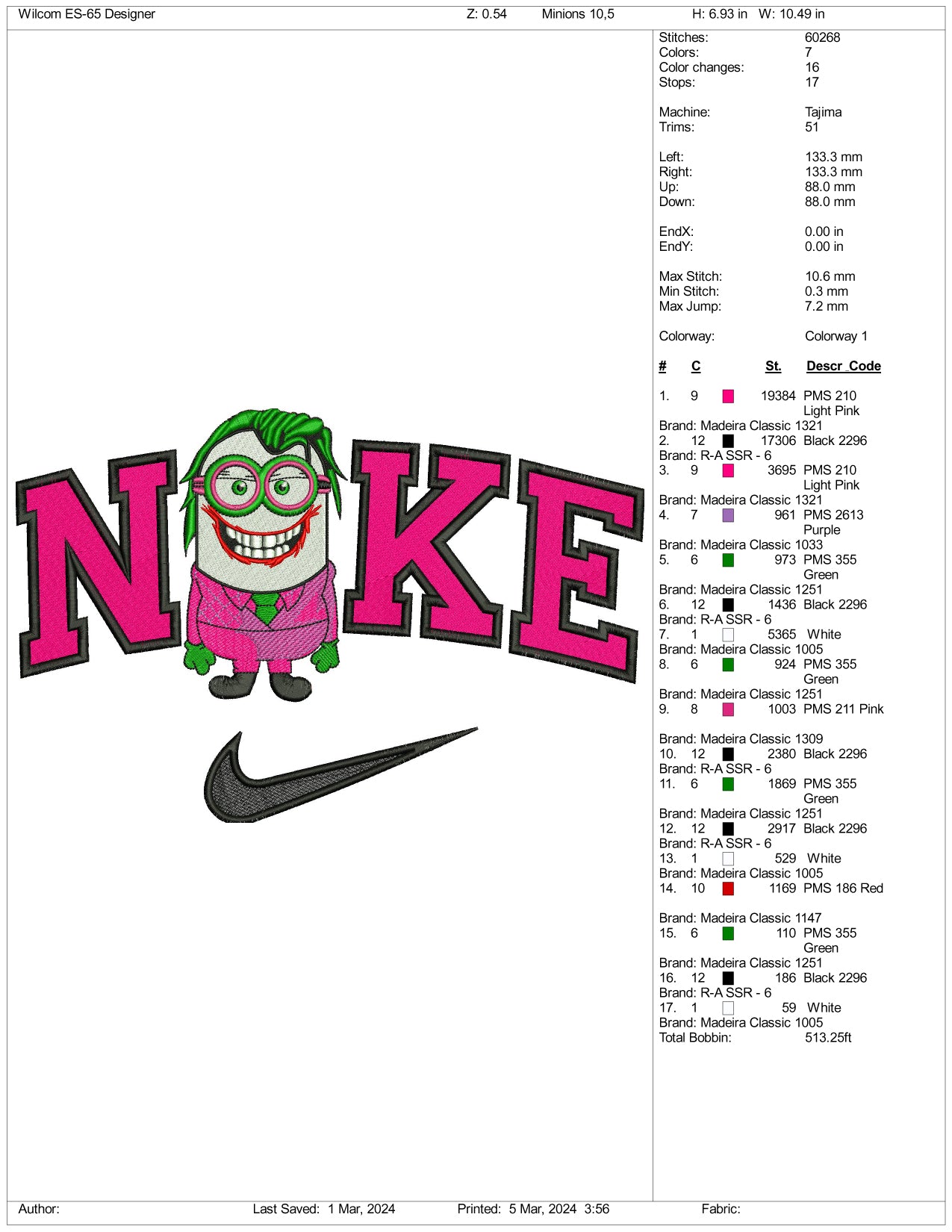 Nike Minion Joker Embroidery Design Files - 3 Size's