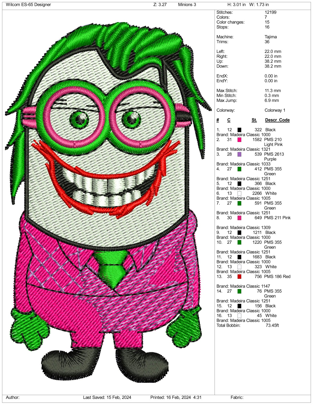 Minion Joker Embroidery Design Files - 3 Size's